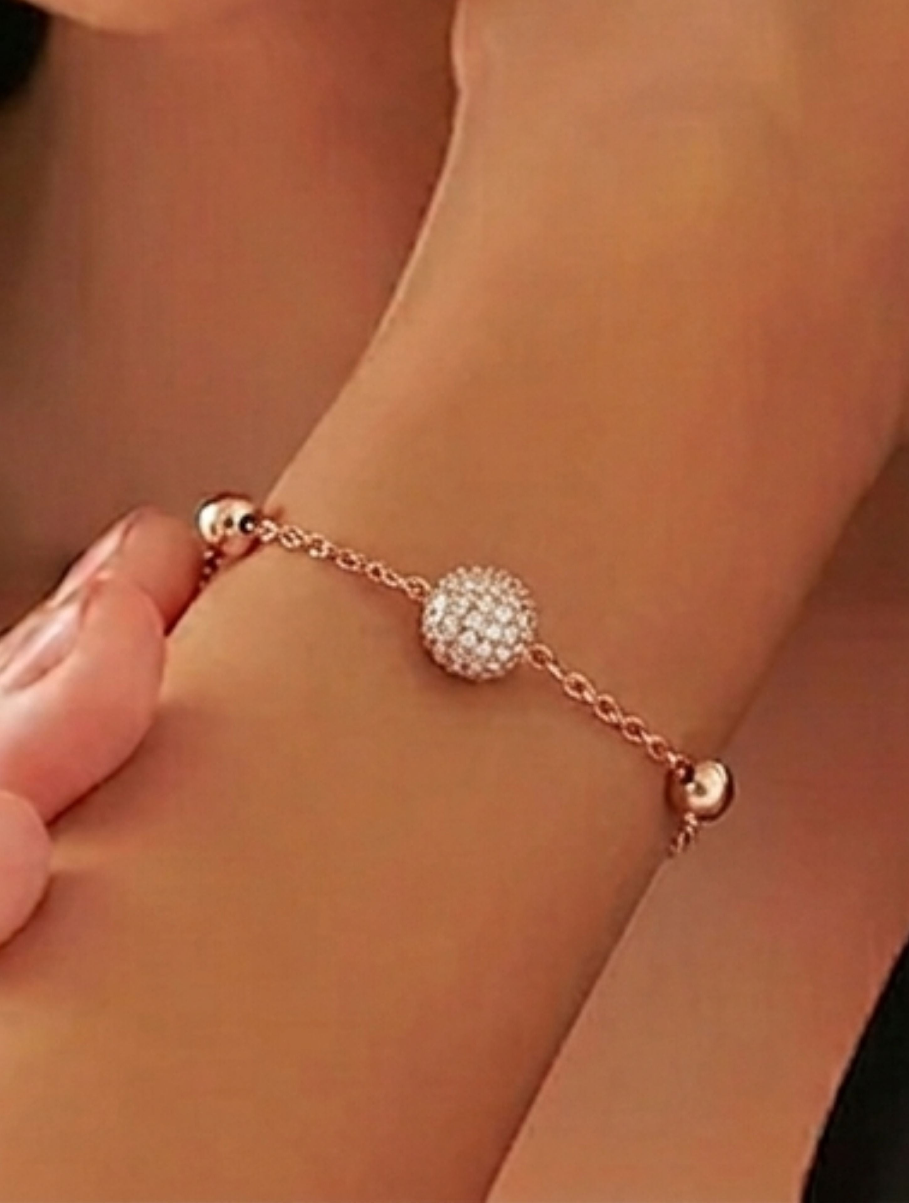 Sparkling Pave & Polished Bead Rose Gold Bracelet In 925 Sterling Silver