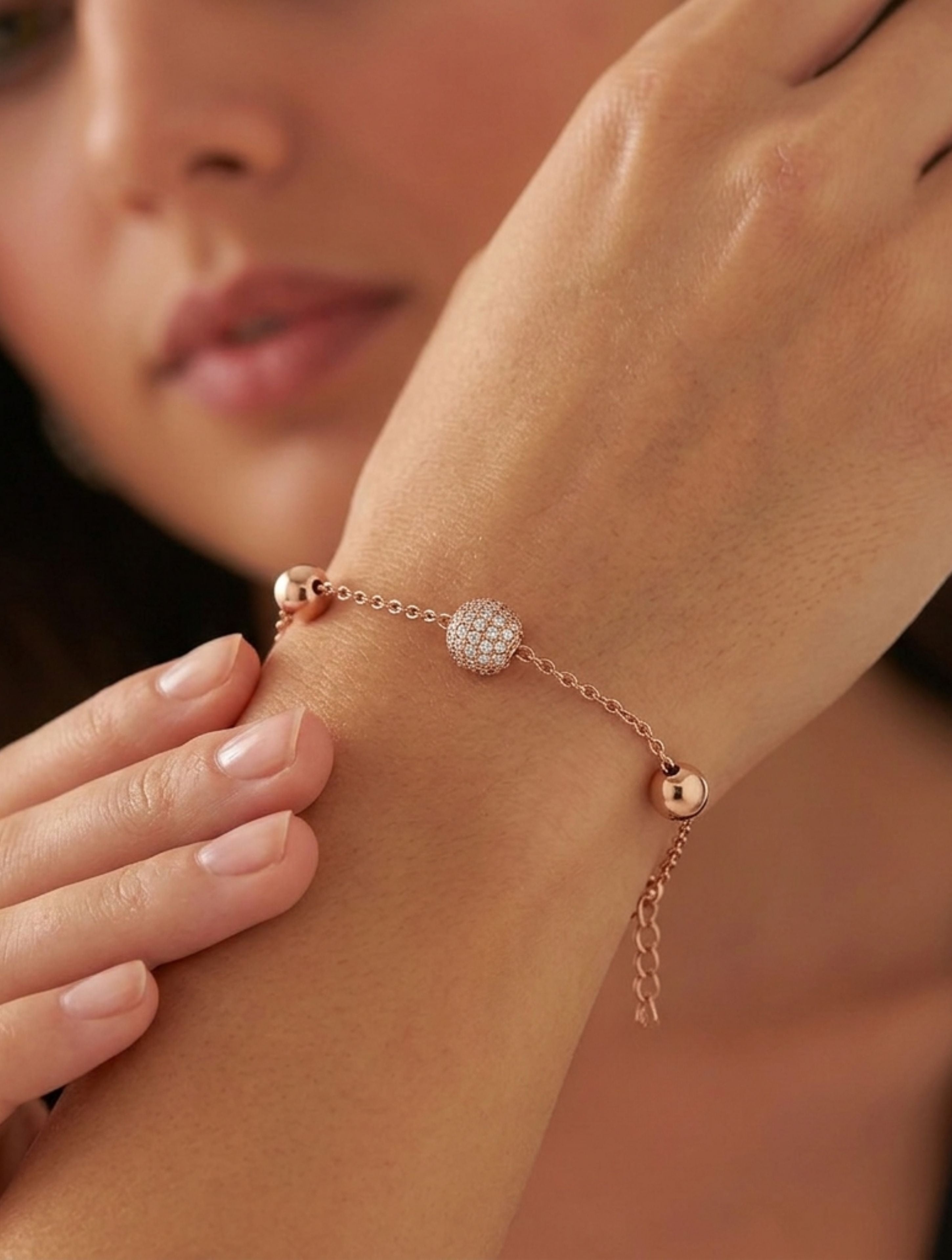 Sparkling Pave & Polished Bead Rose Gold Bracelet In 925 Sterling Silver