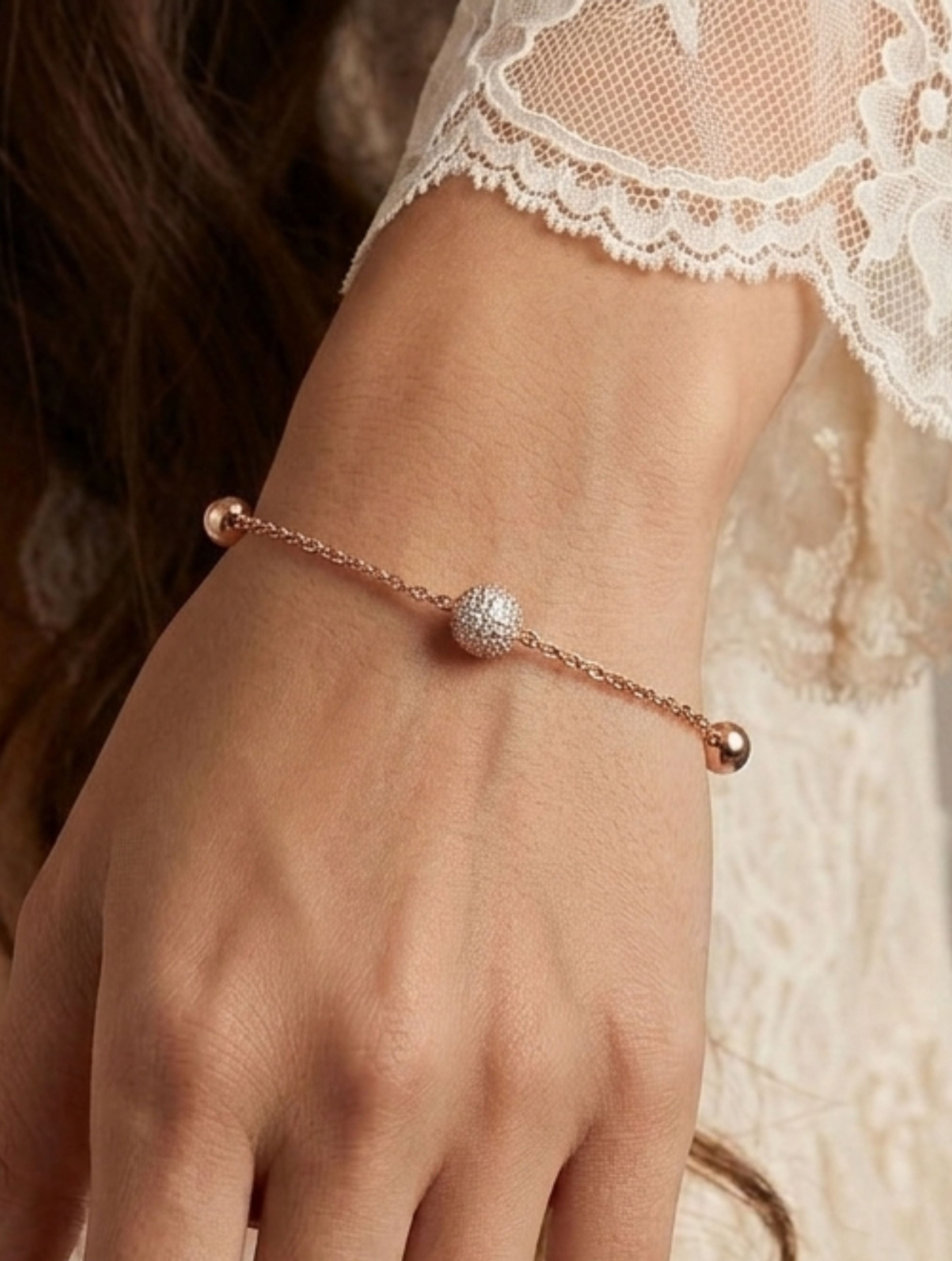 Sparkling Pave & Polished Bead Rose Gold Bracelet In 925 Sterling Silver
