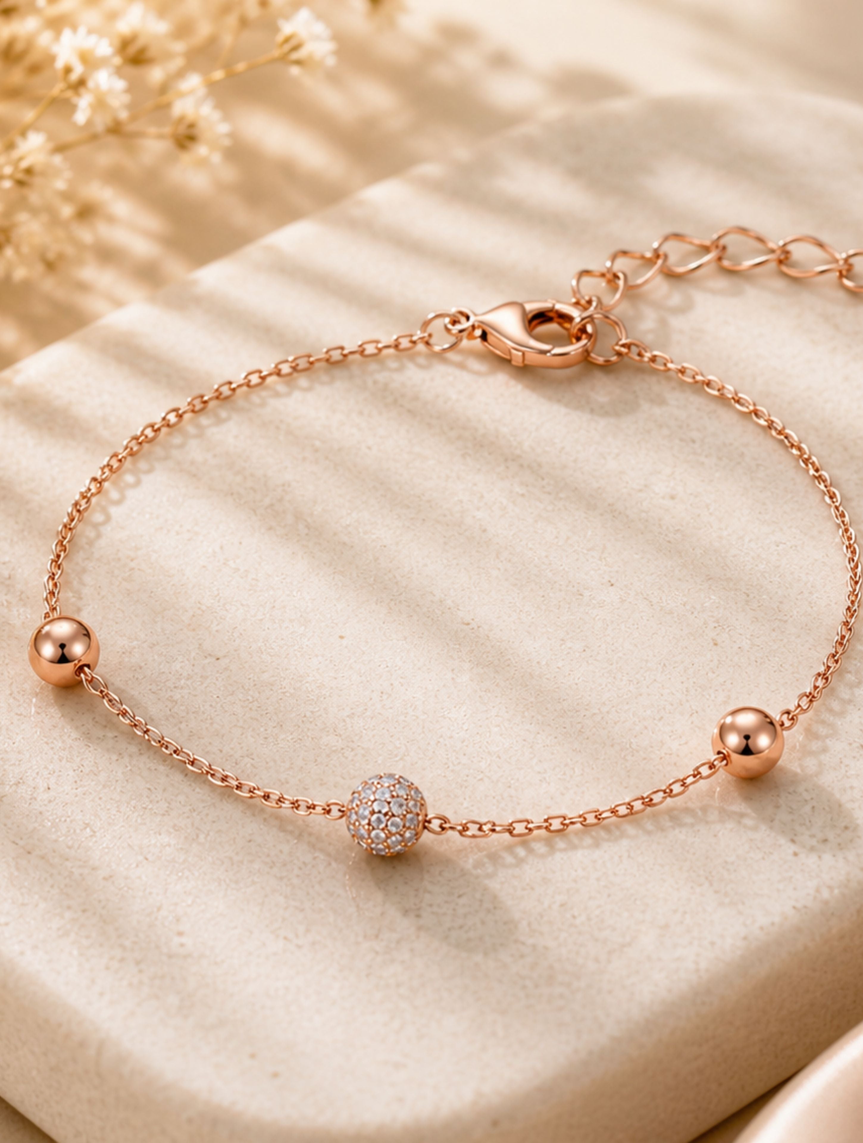 Sparkling Pave & Polished Bead Rose Gold Bracelet In 925 Sterling Silver