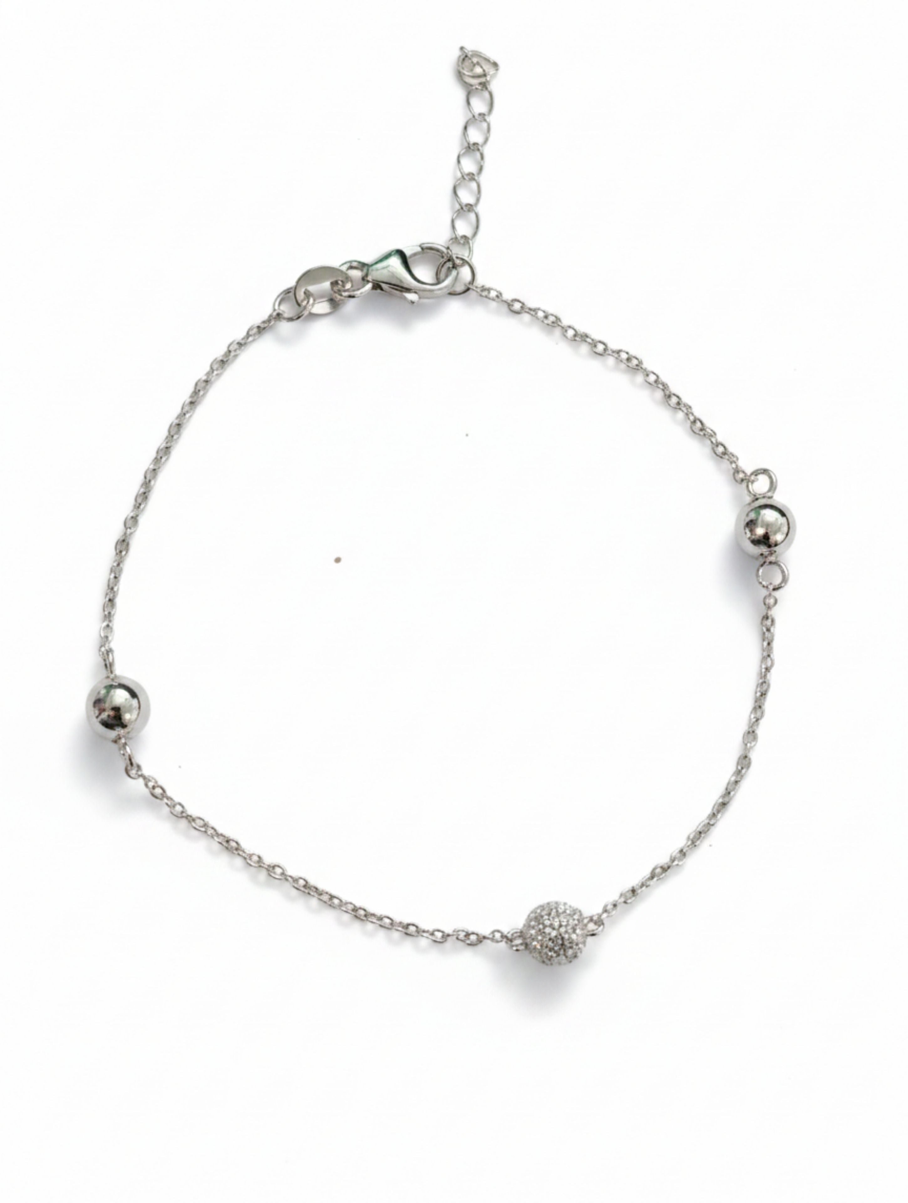 Shimmering Silver Pave & Polished Bead Bracelet in 925 Sterling Silver