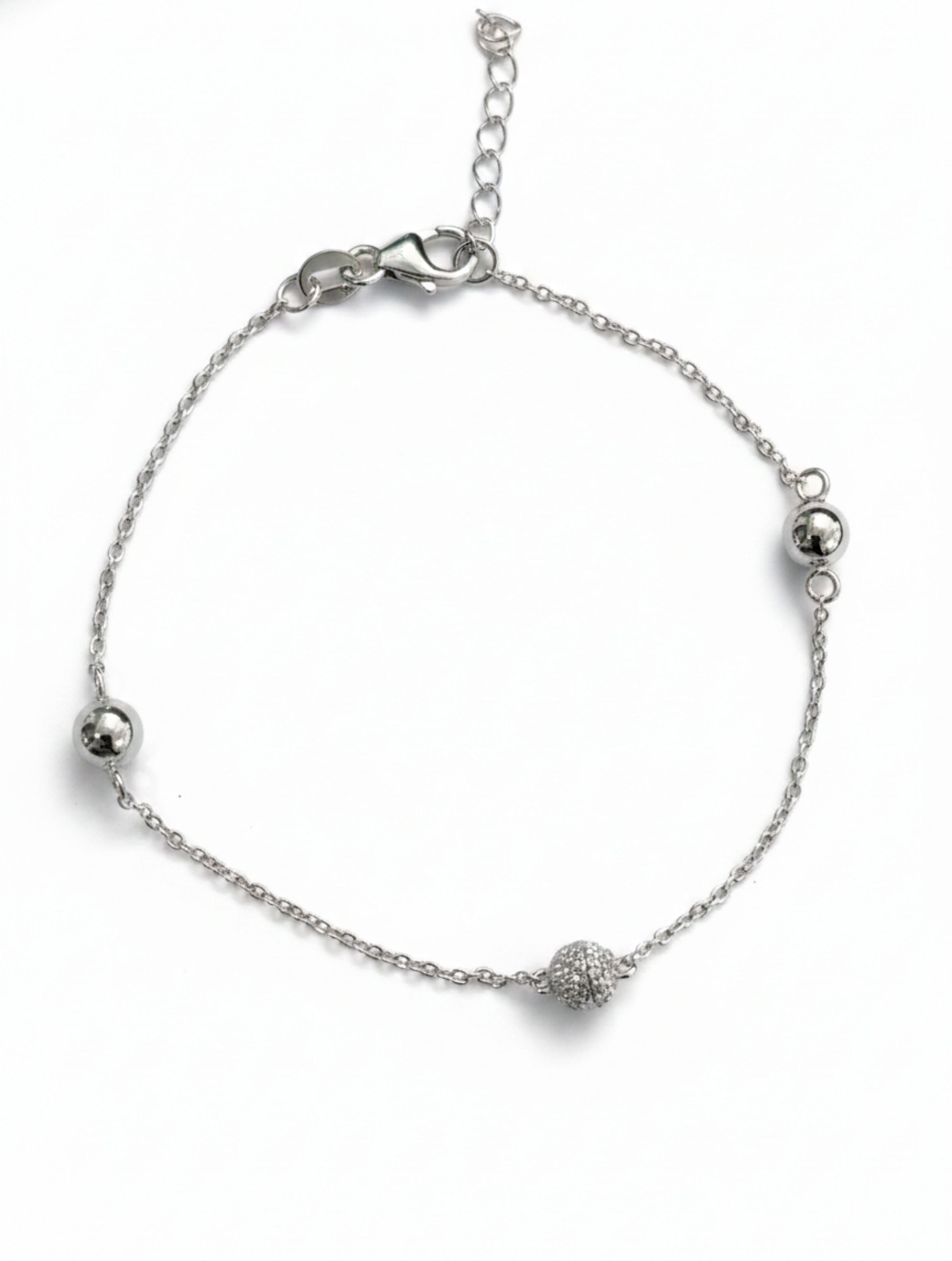 Shimmering Silver Pave & Polished Bead Bracelet in 925 Sterling Silver