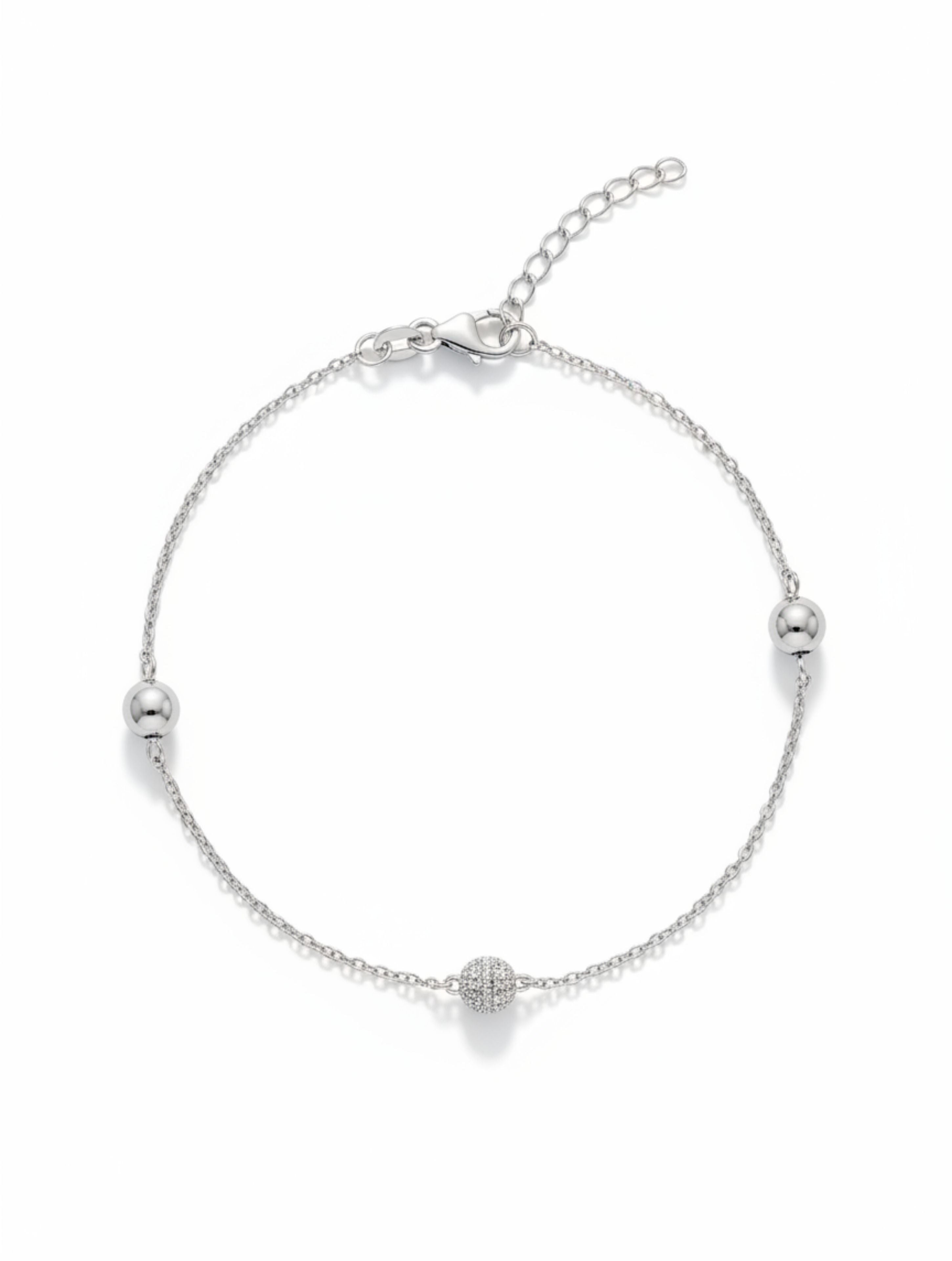 Shimmering Silver Pave & Polished Bead Bracelet in 925 Sterling Silver