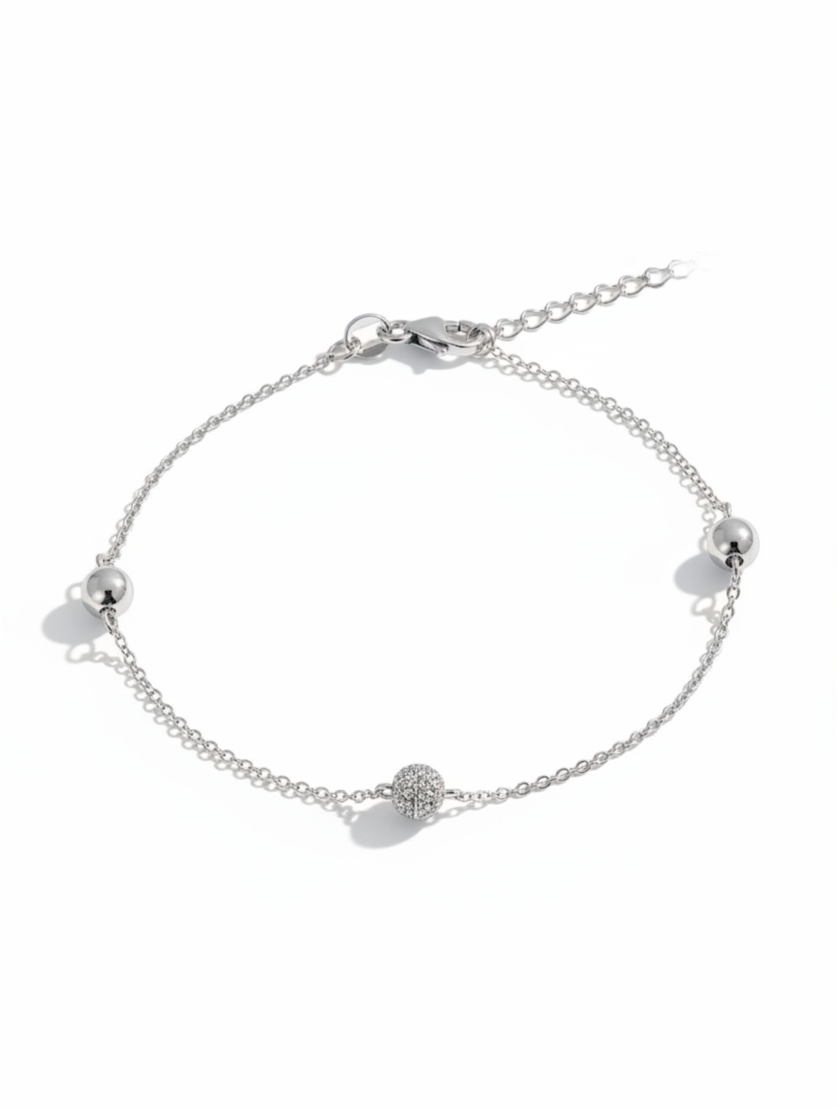 Shimmering Silver Pave & Polished Bead Bracelet in 925 Sterling Silver