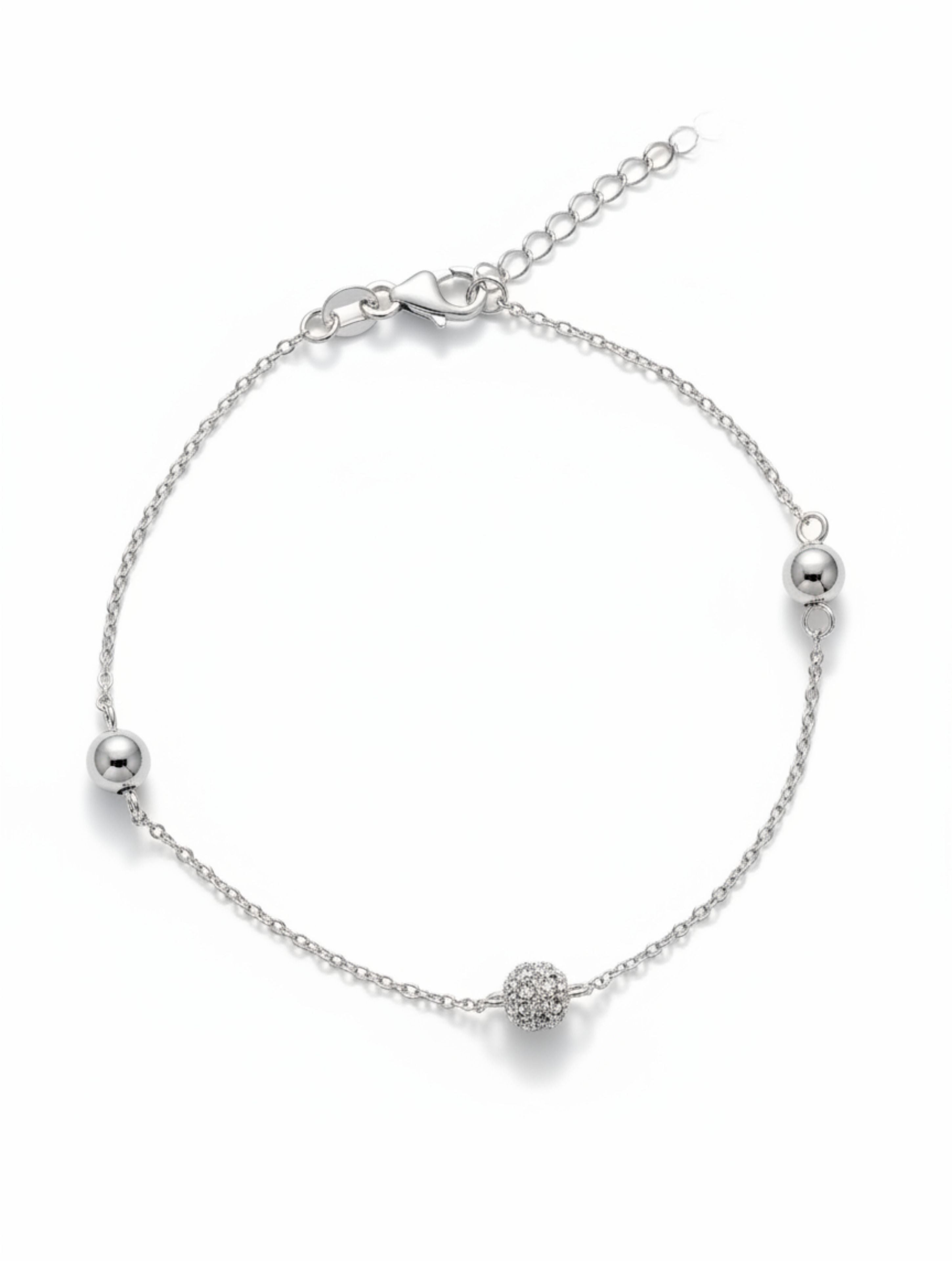 Shimmering Silver Pave & Polished Bead Bracelet in 925 Sterling Silver