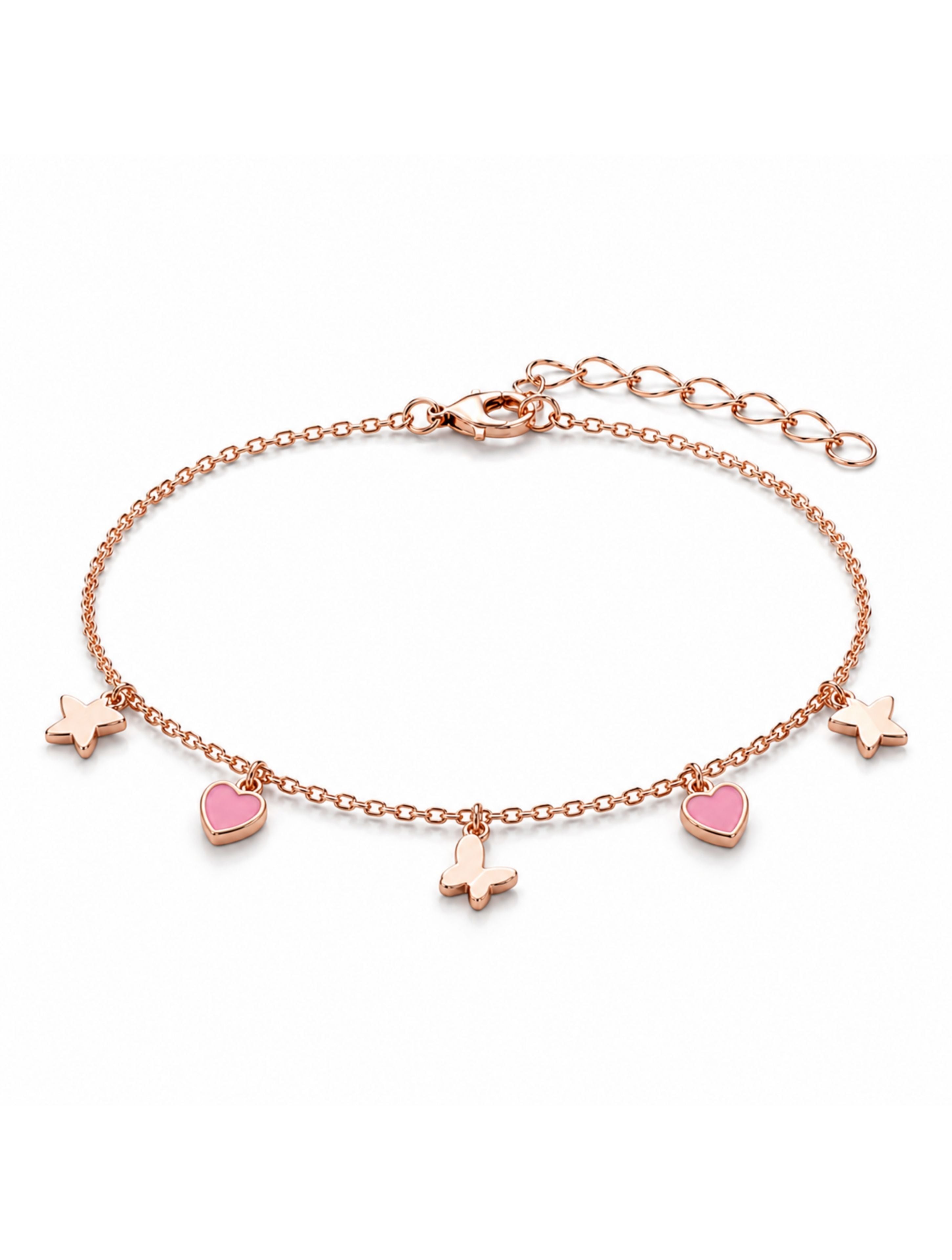 Rose Gold Pink Heart & Butterfly Charm Bracelet in 925 Sterling Silver