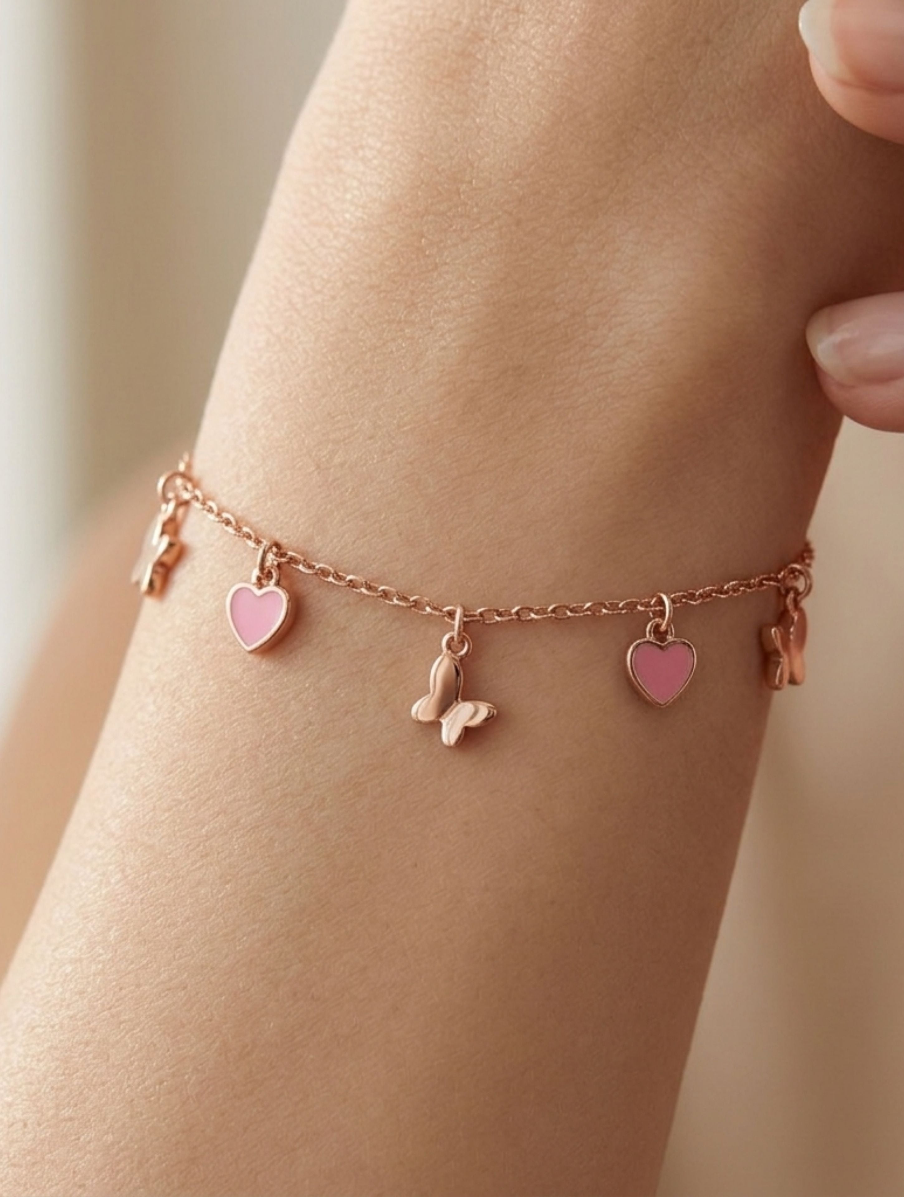 Rose Gold Pink Heart & Butterfly Charm Bracelet in 925 Sterling Silver