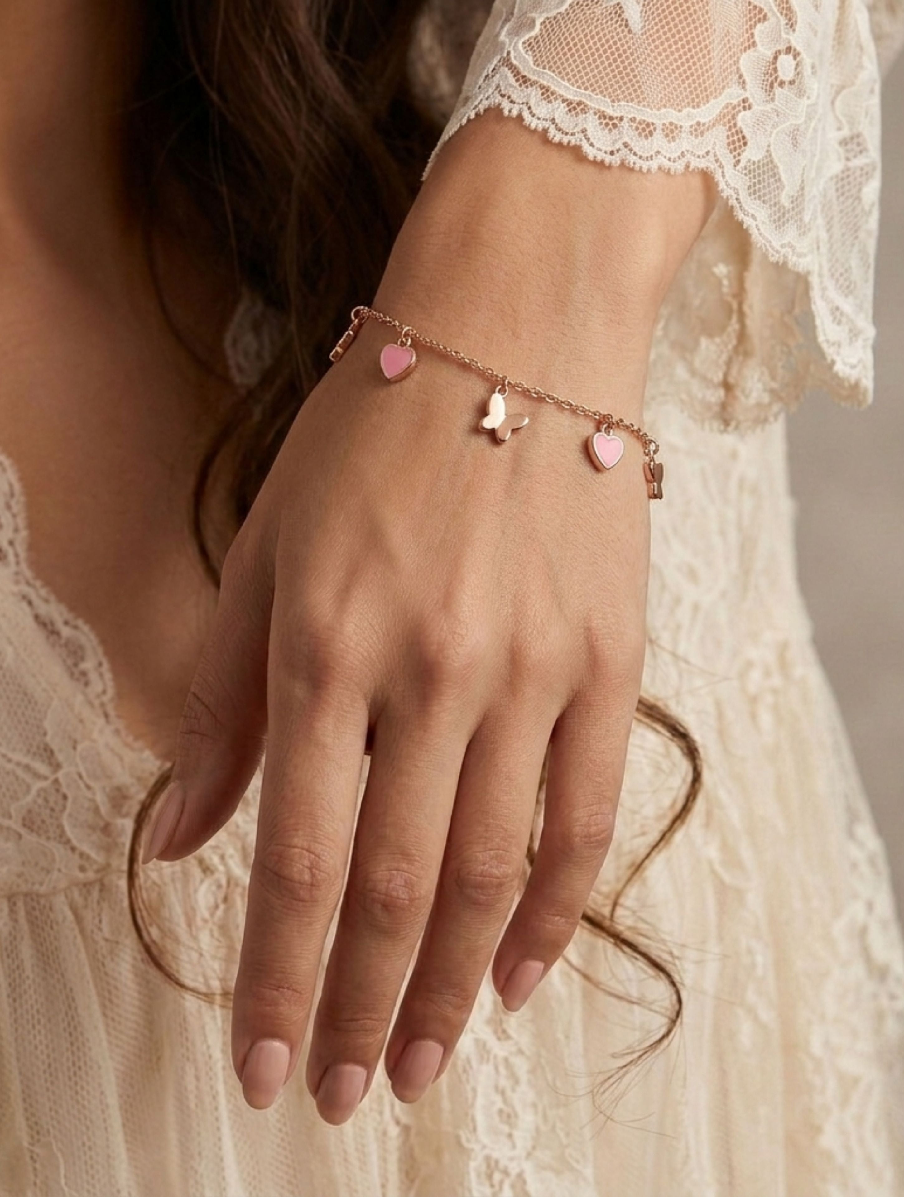 Rose Gold Pink Heart & Butterfly Charm Bracelet in 925 Sterling Silver