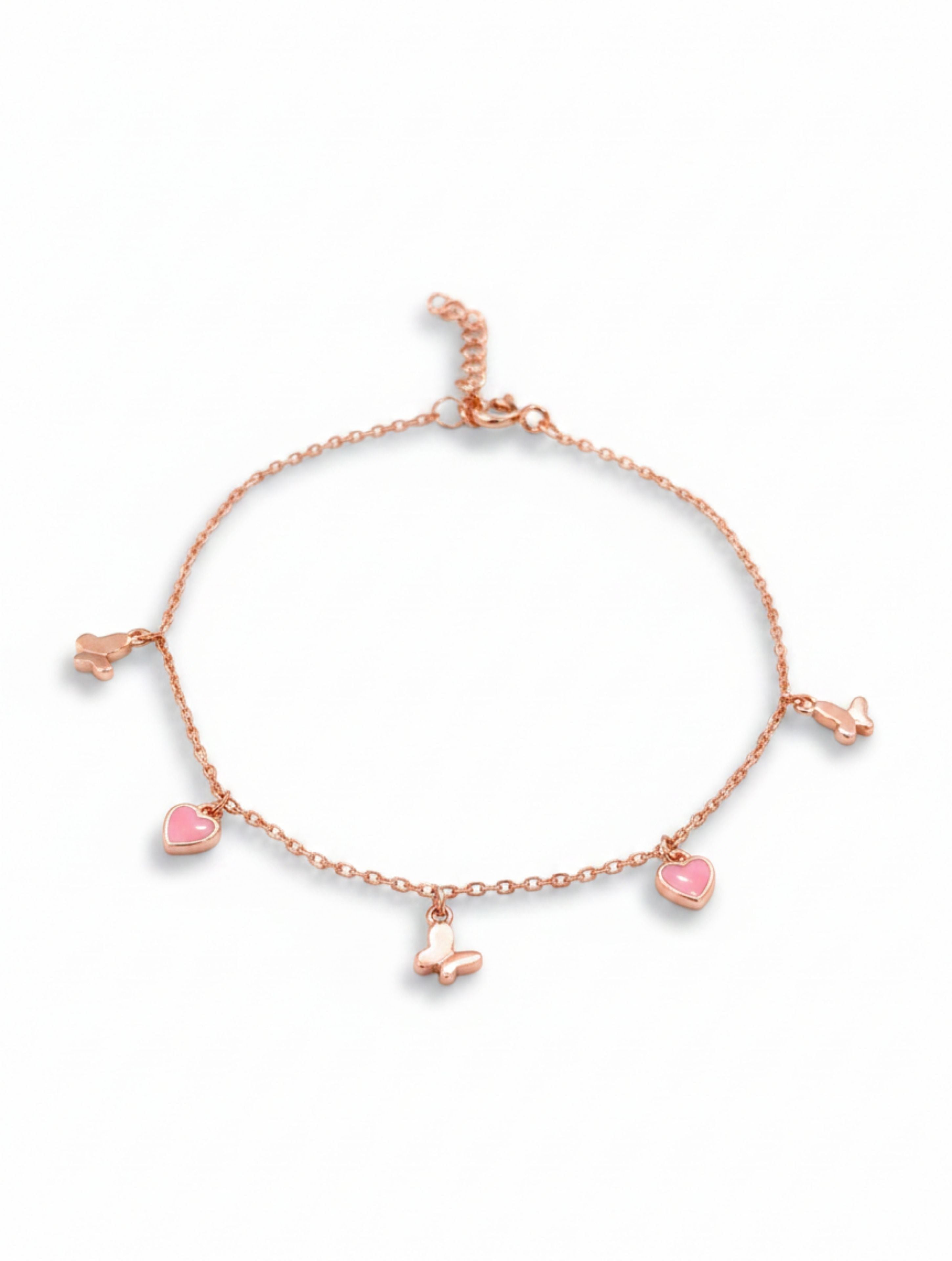 Rose Gold Pink Heart & Butterfly Charm Bracelet in 925 Sterling Silver