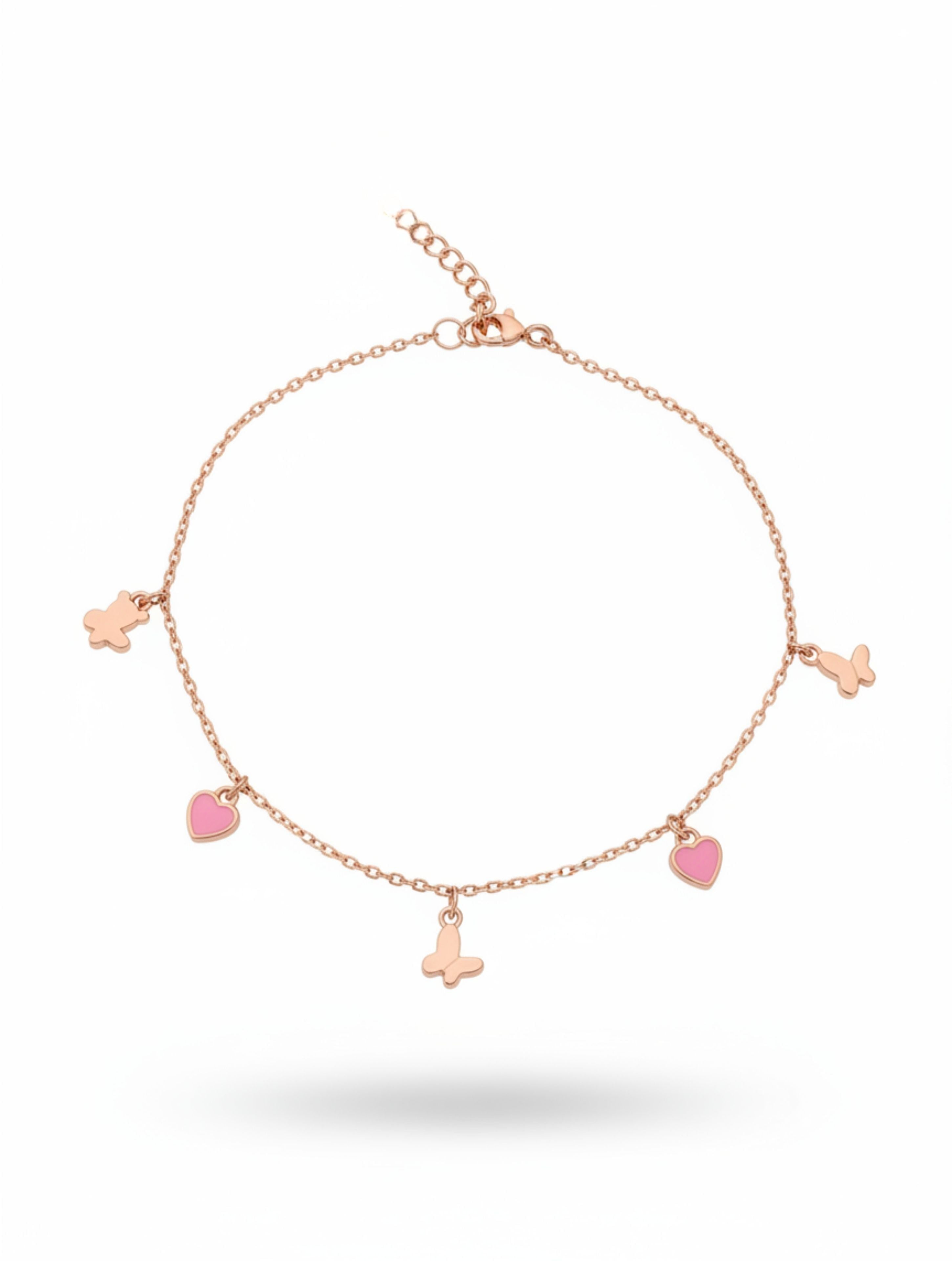 Rose Gold Pink Heart & Butterfly Charm Bracelet in 925 Sterling Silver