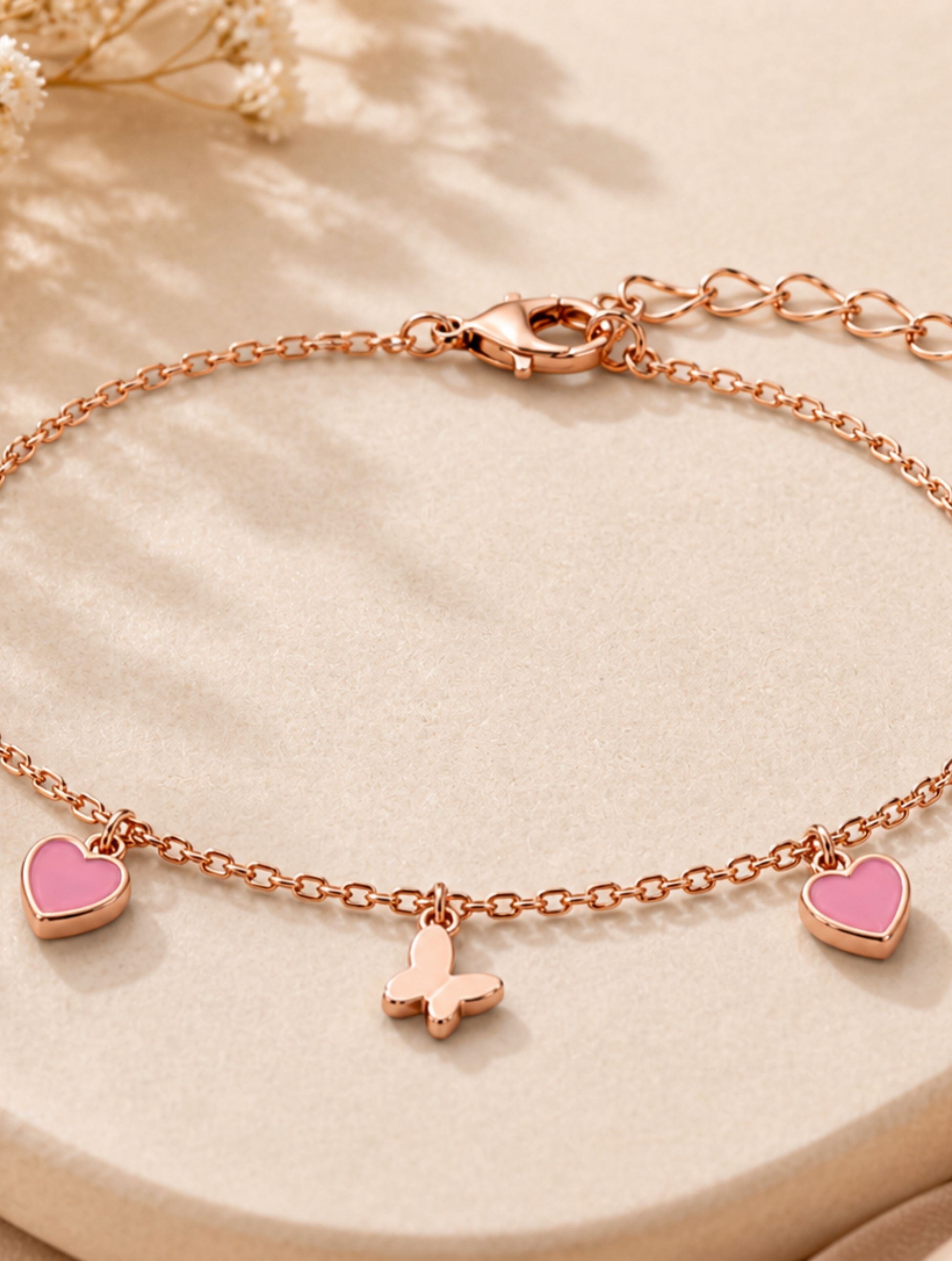 Rose Gold Pink Heart & Butterfly Charm Bracelet in 925 Sterling Silver