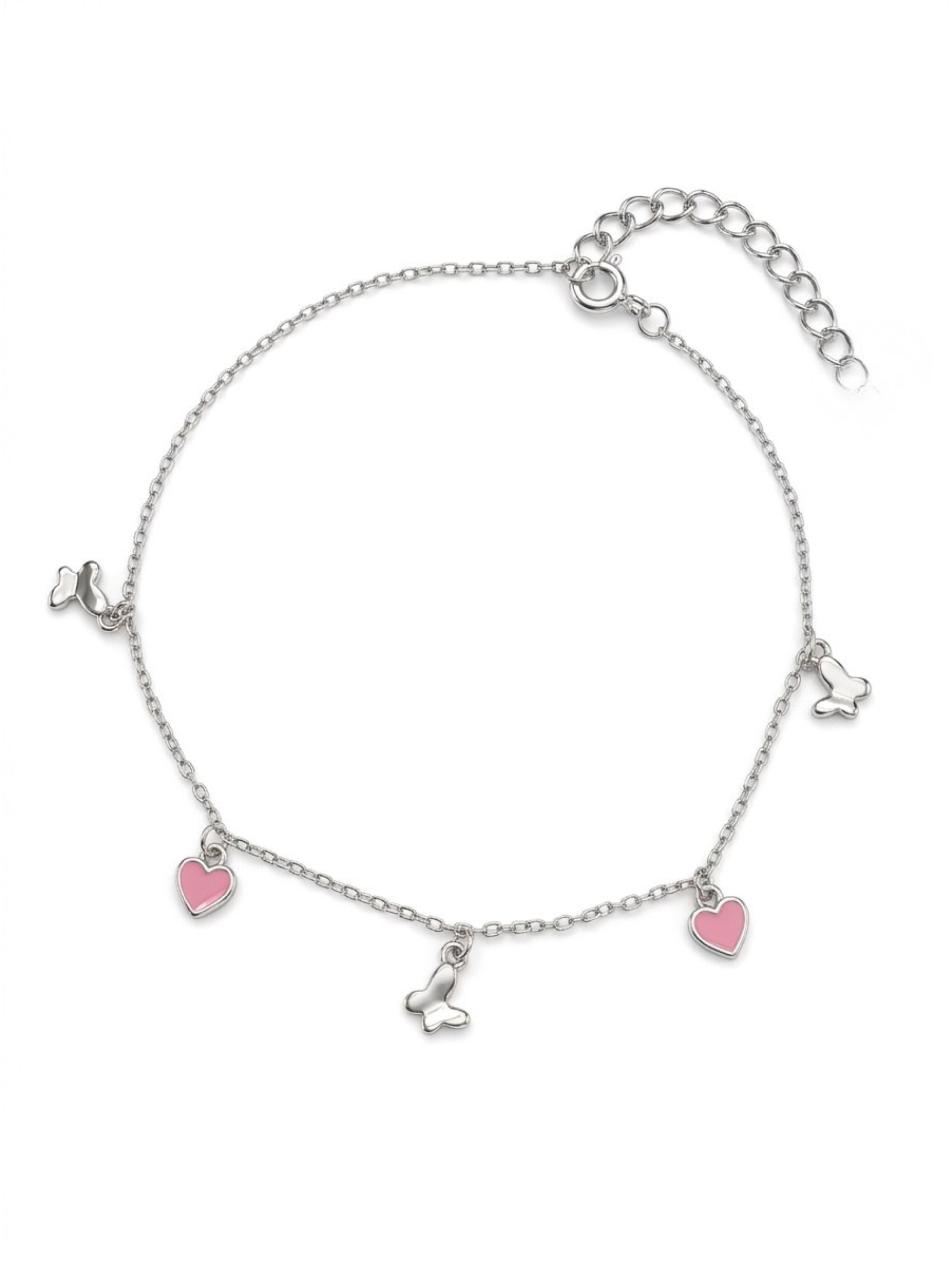 Pink Heart & Butterfly Charm Bracelet in 925 Sterling Silver