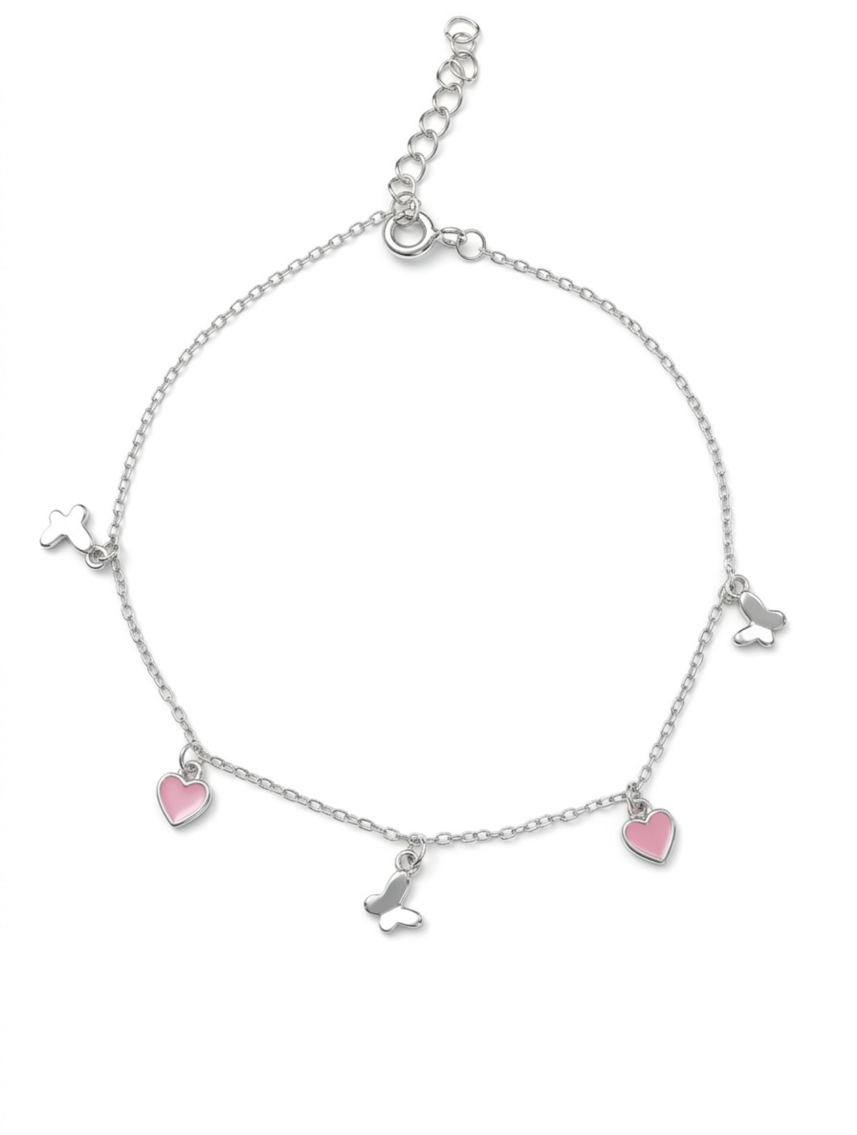 Pink Heart & Butterfly Charm Bracelet in 925 Sterling Silver