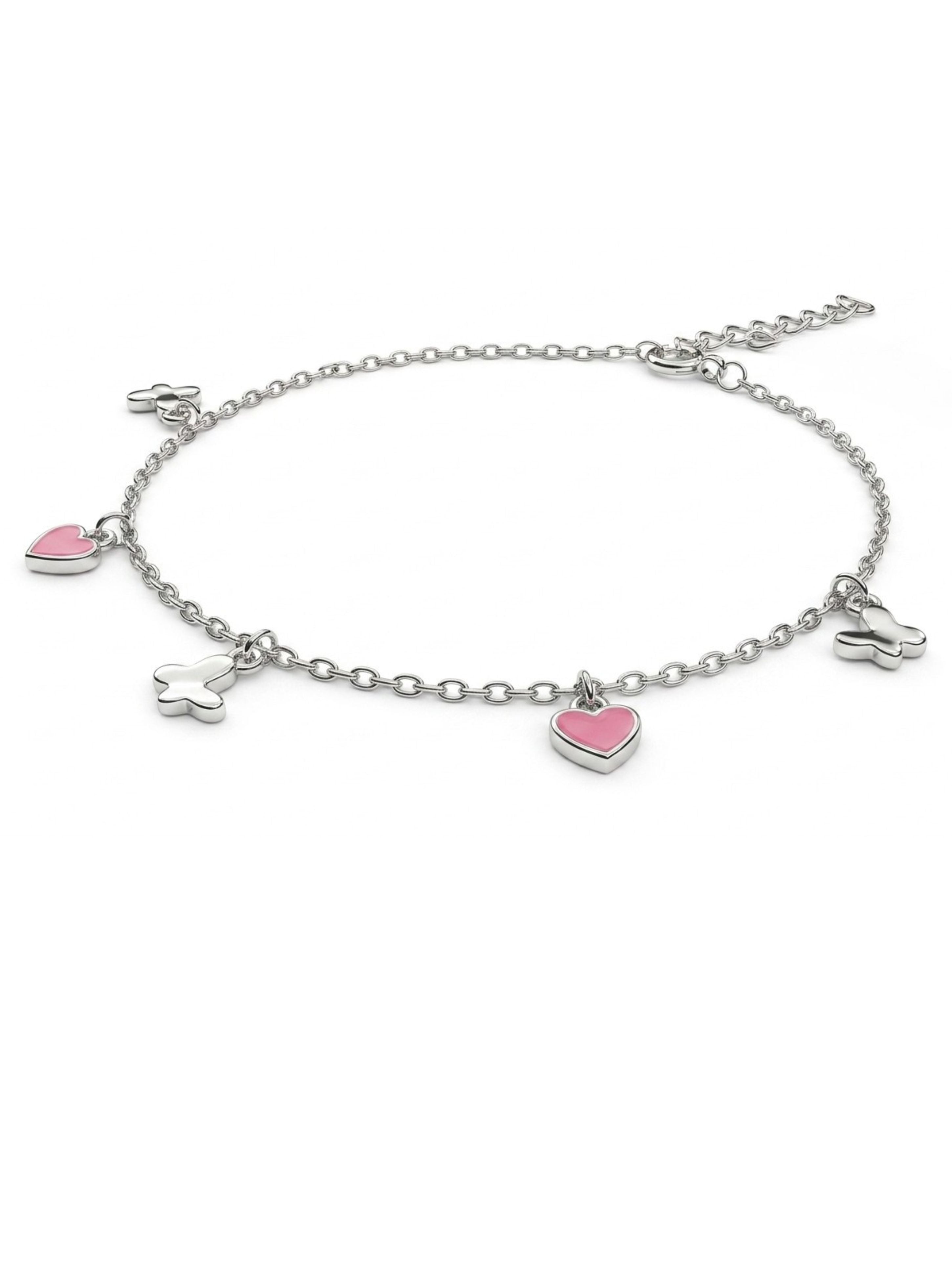 Pink Heart & Butterfly Charm Bracelet in 925 Sterling Silver