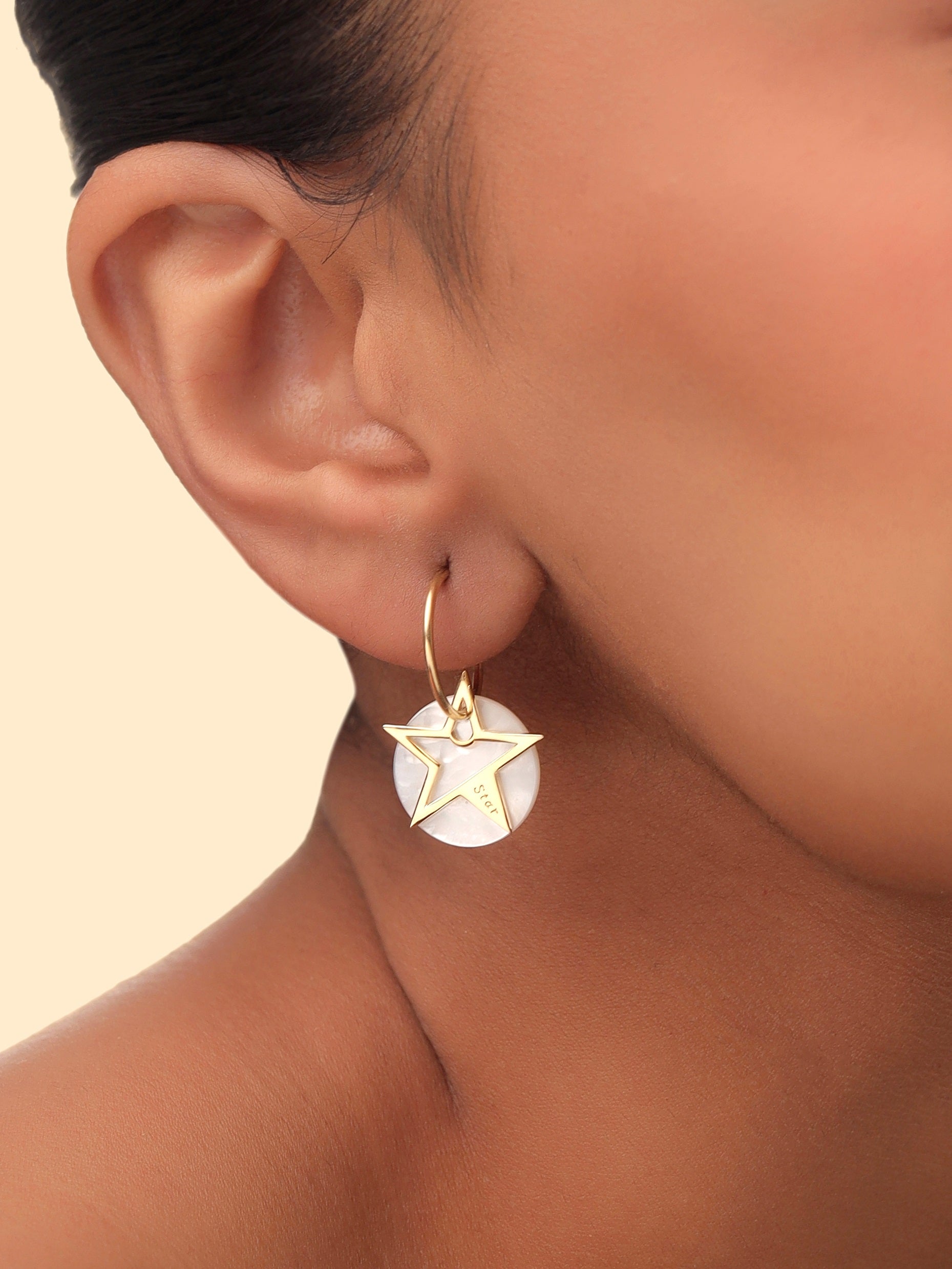 925 Sterling Silver Mother of Pearl Star Drop Hoop Earrings in Gold Plated