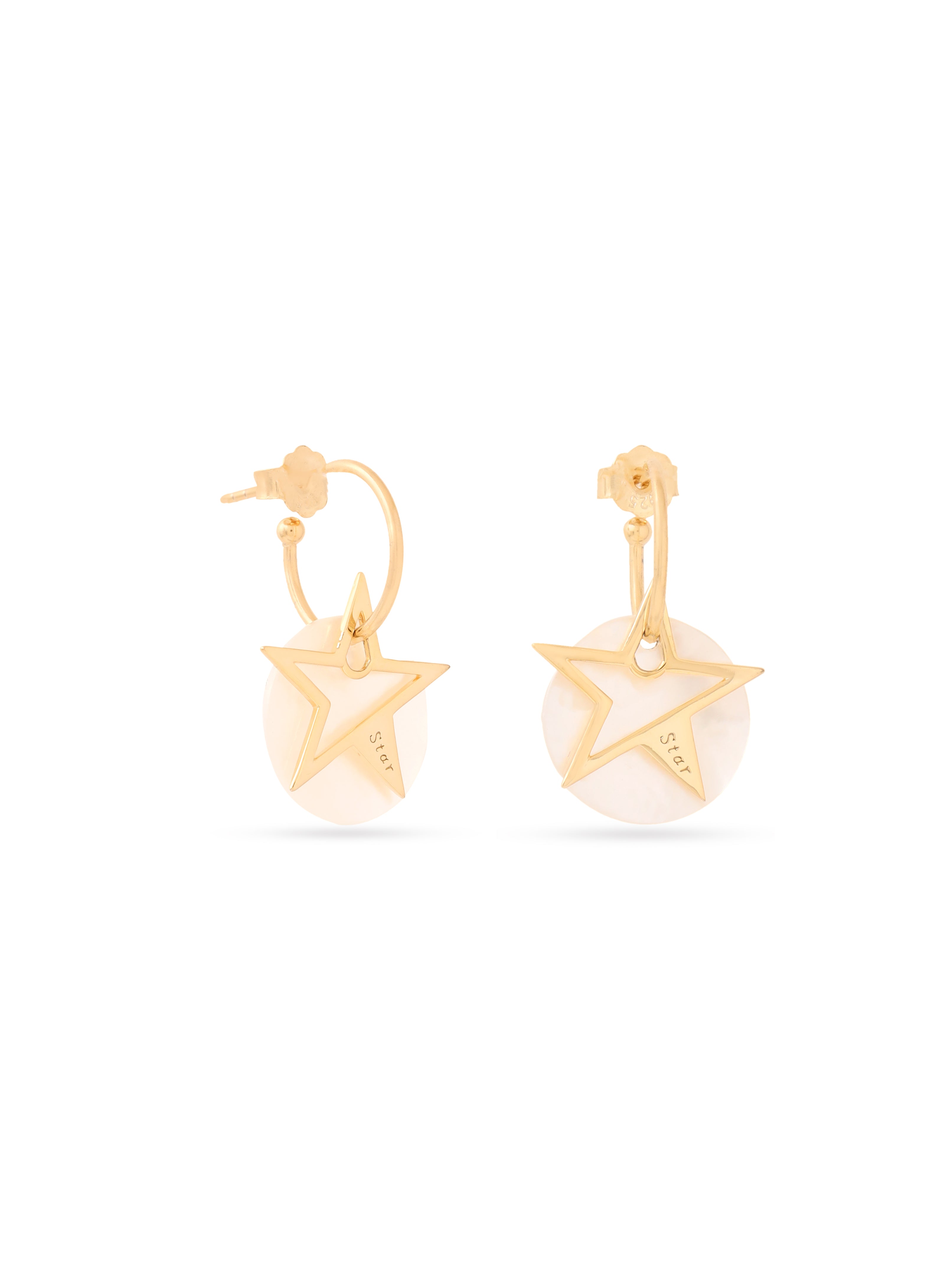925 Sterling Silver Mother of Pearl Star Drop Hoop Earrings in Gold Plated