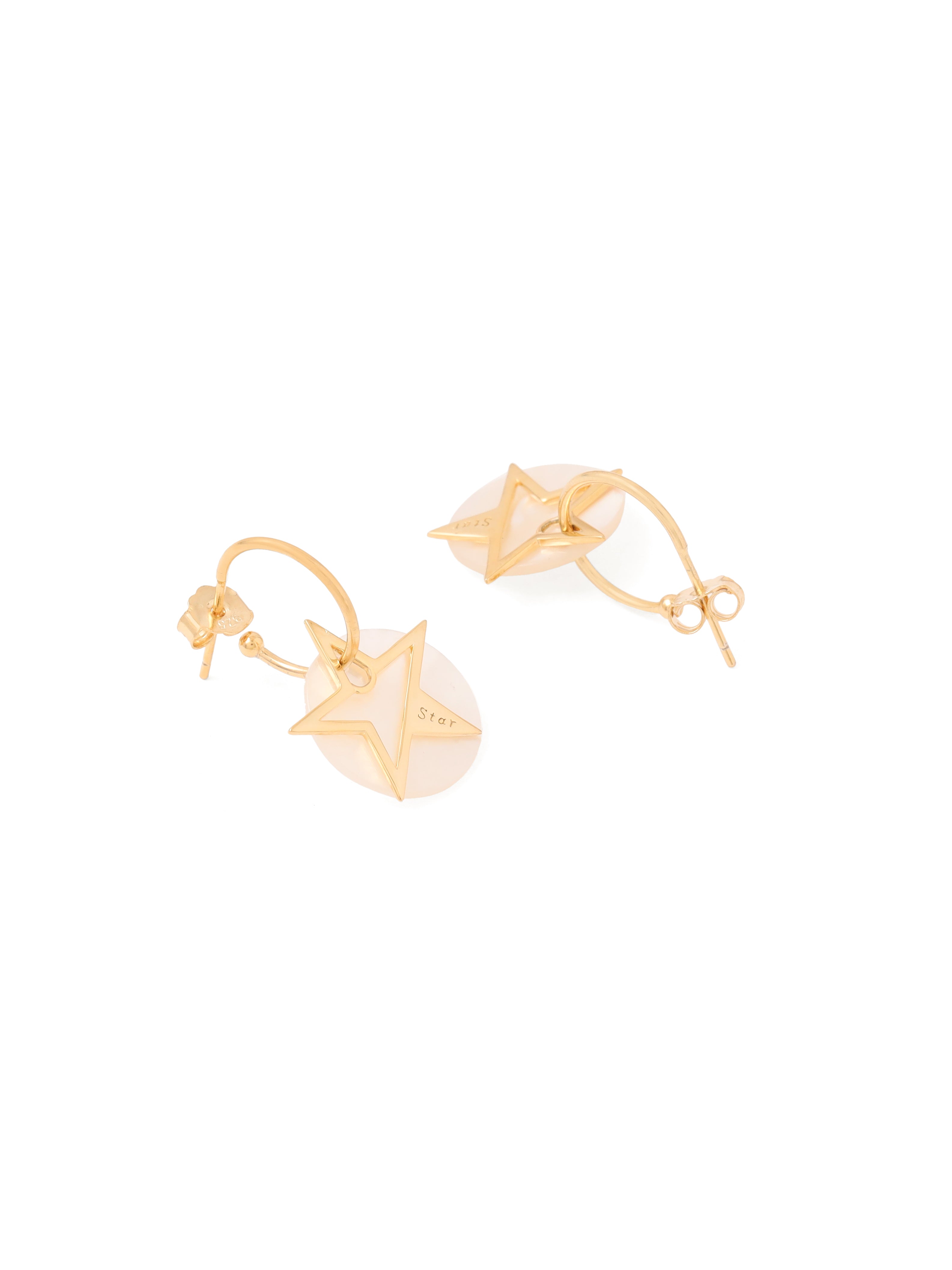 925 Sterling Silver Mother of Pearl Star Drop Hoop Earrings in Gold Plated