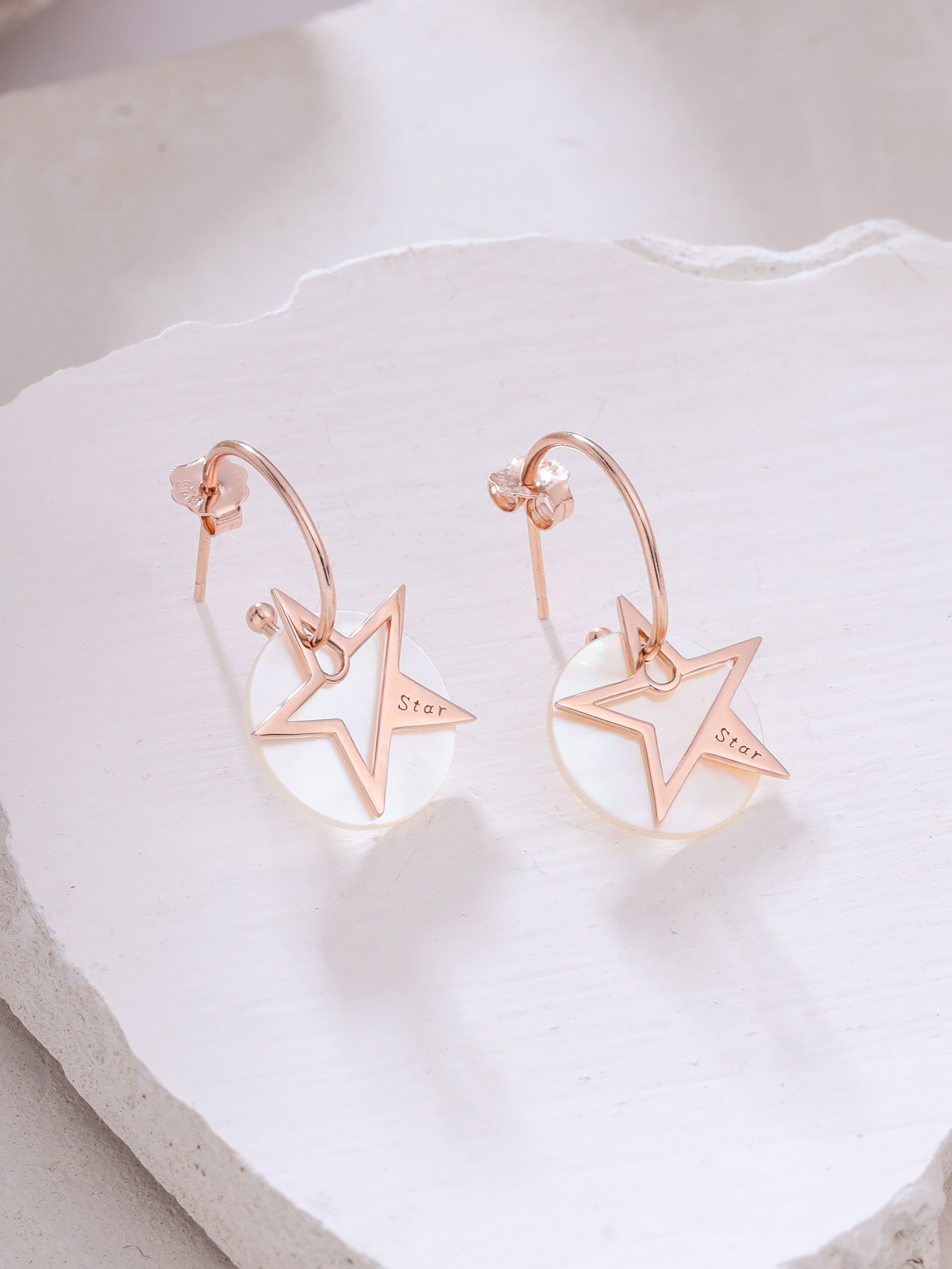 925 Sterling Silver Star & Mother of Pearl Hoop Earrings in Rose Gold