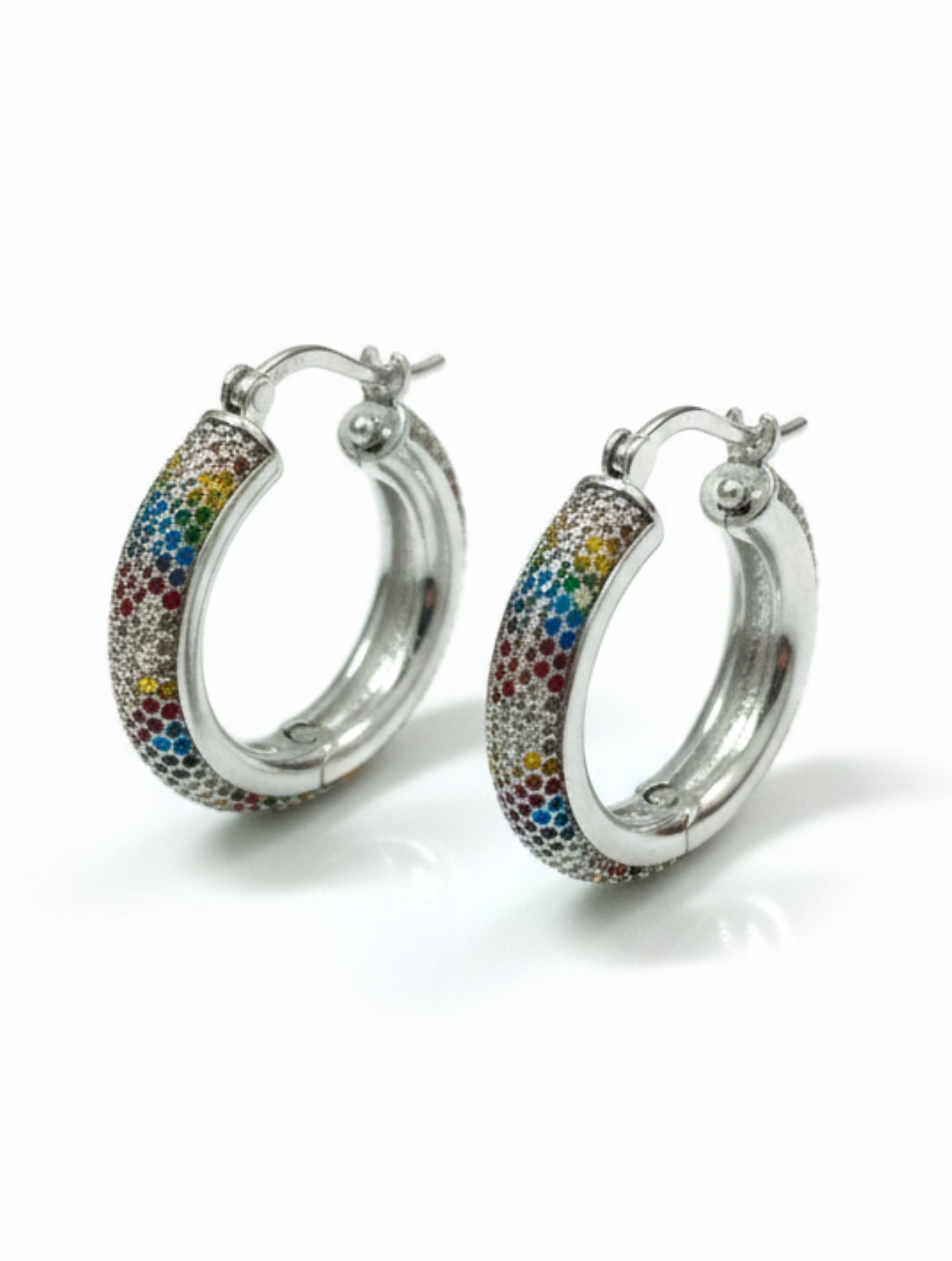 Sterling Silver Rainbow Sparkle Pave Hoops in 925 Sterling Silver