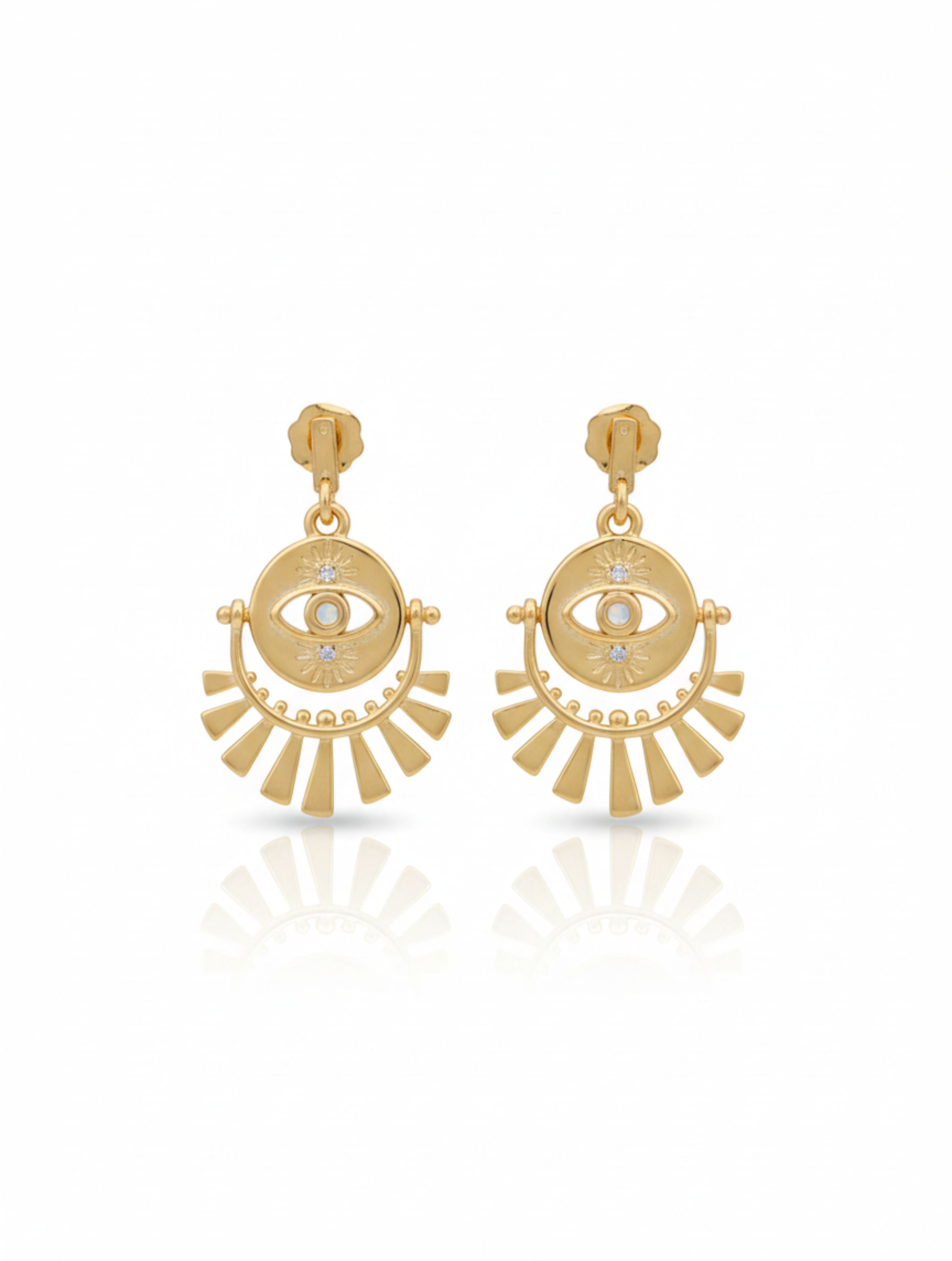 925 Sterling Silver Sunbeam Medallion Drop Earrings in Gold Plated