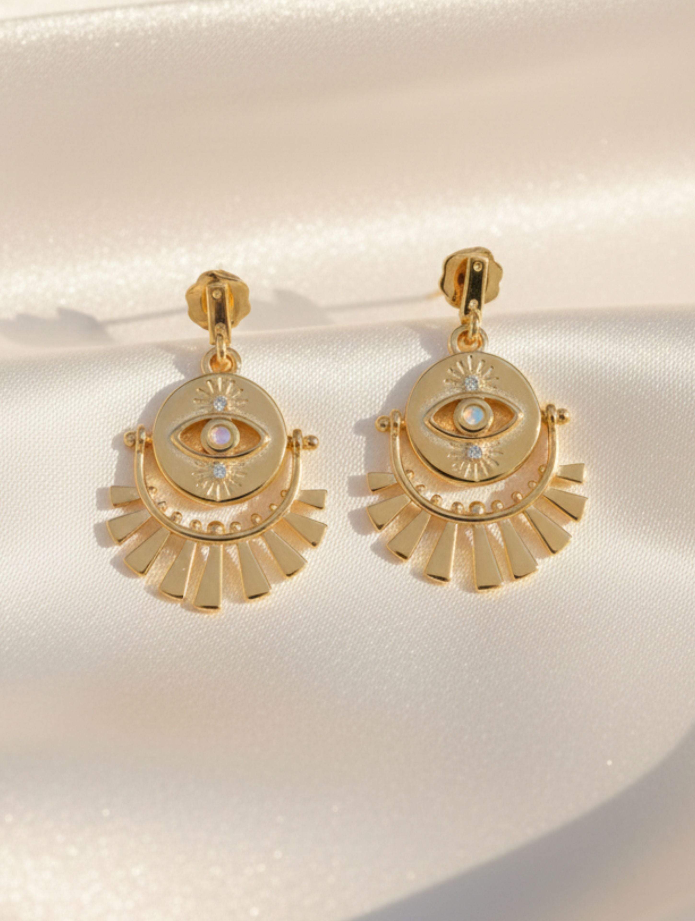 925 Sterling Silver Sunbeam Medallion Drop Earrings in Gold Plated