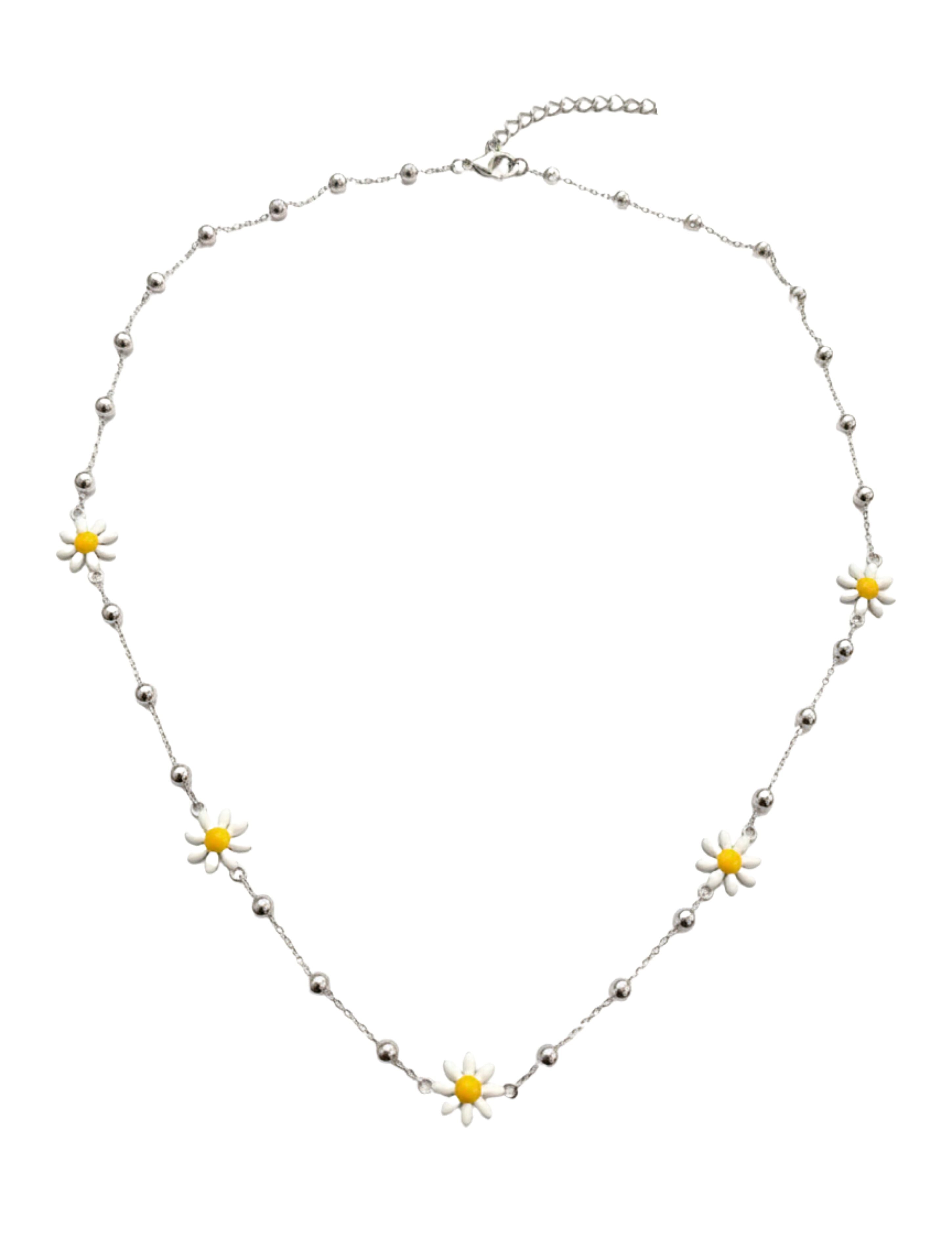 Hand-Enameled Silver Daisy Station Necklace in 925 Sterling Silver
