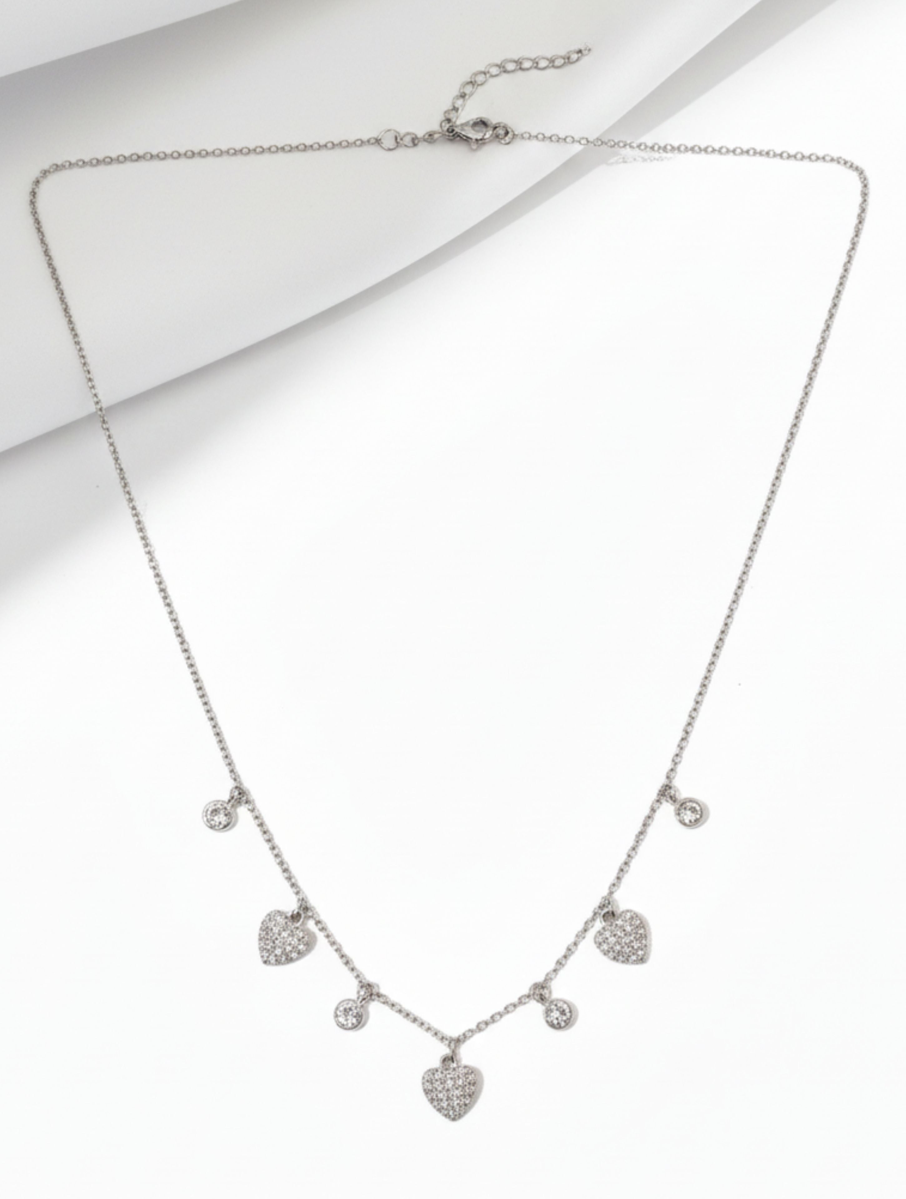 Sparkling Heart & Solitaire Dangle Necklace in 925 Sterling Silver