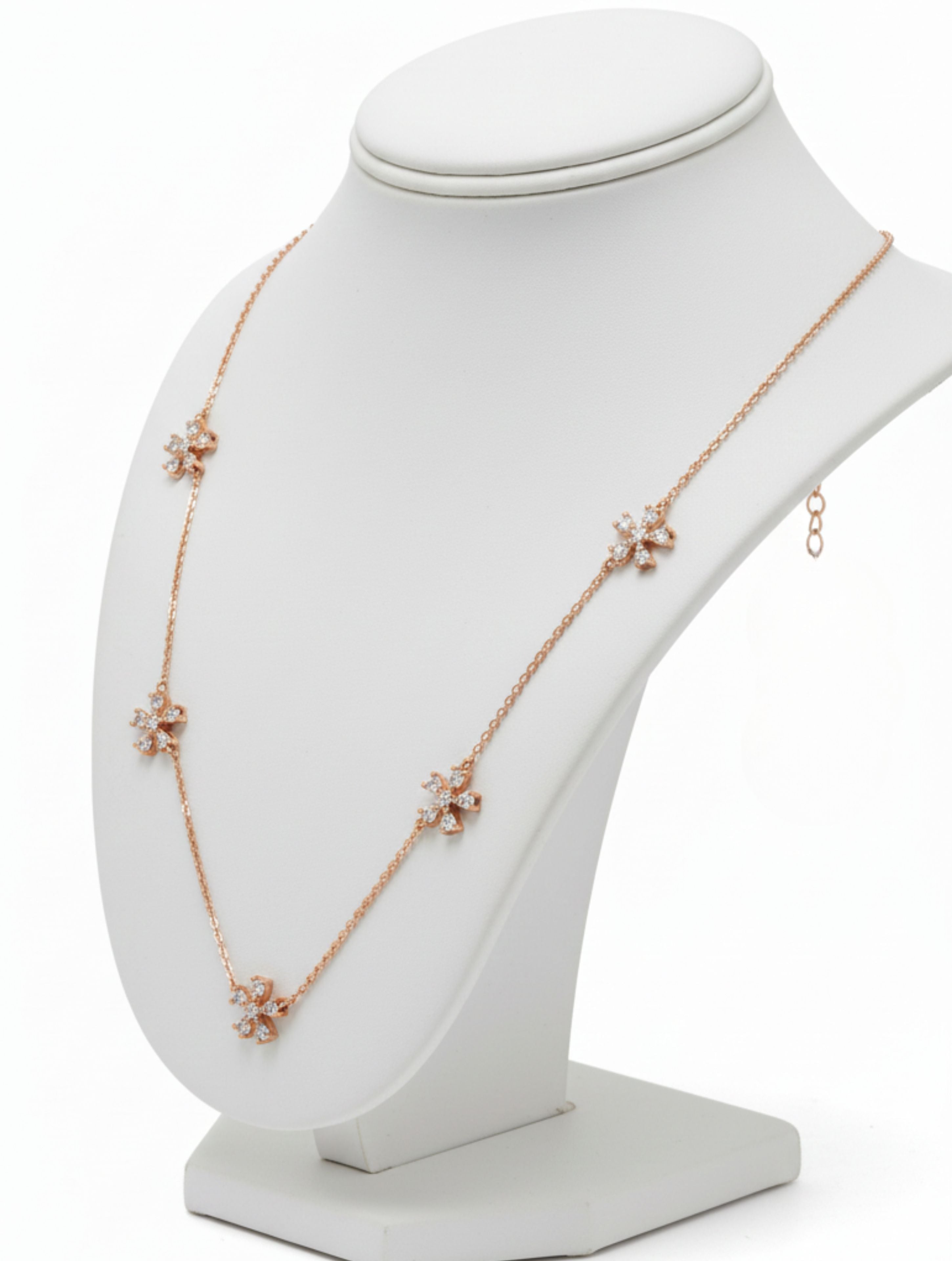 925 Sterling Silver Rose Gold Floral Station Necklace with Sparkling CZ