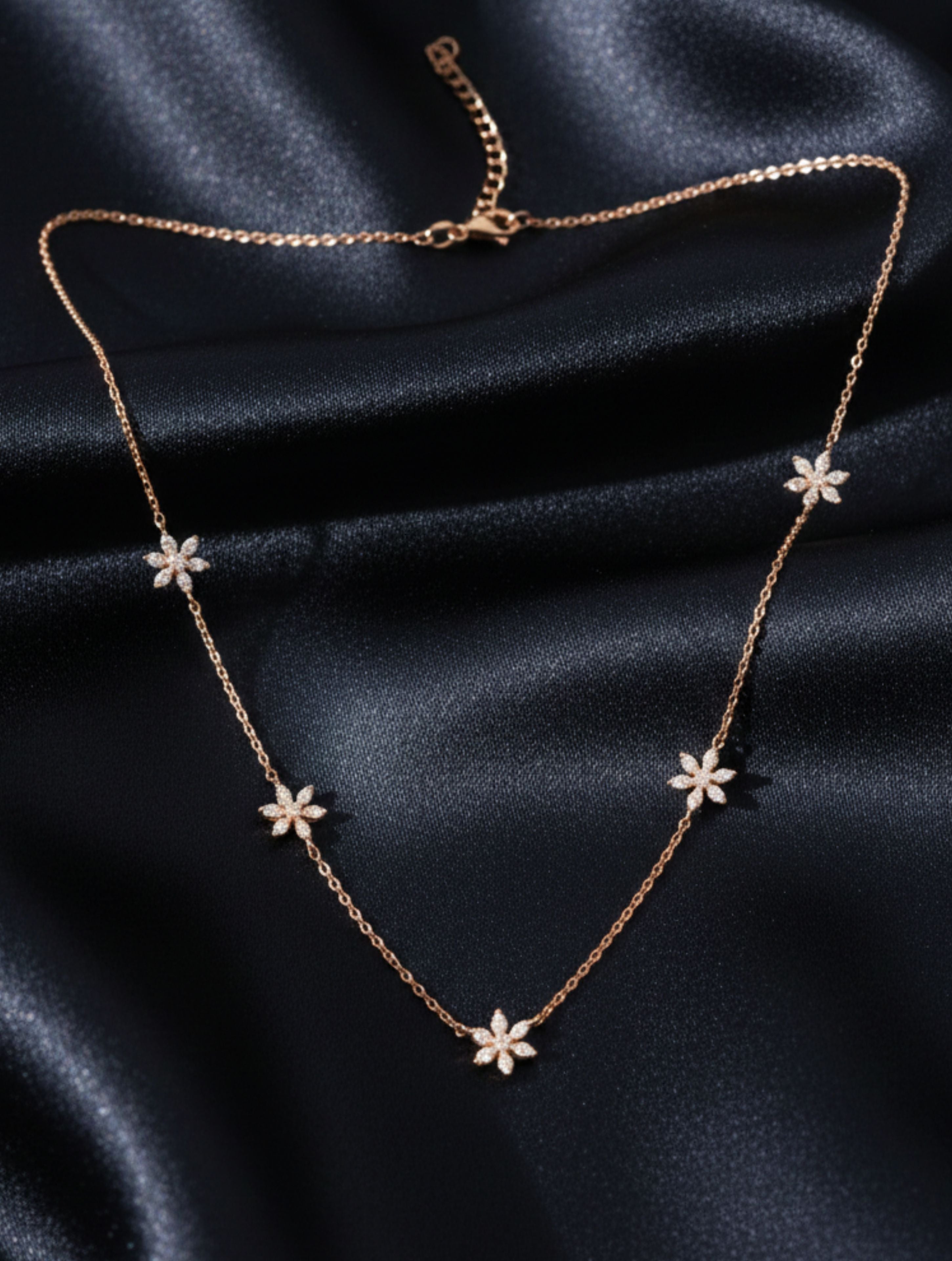 925 Sterling Silver Rose Gold Floral Station Necklace with Sparkling CZ