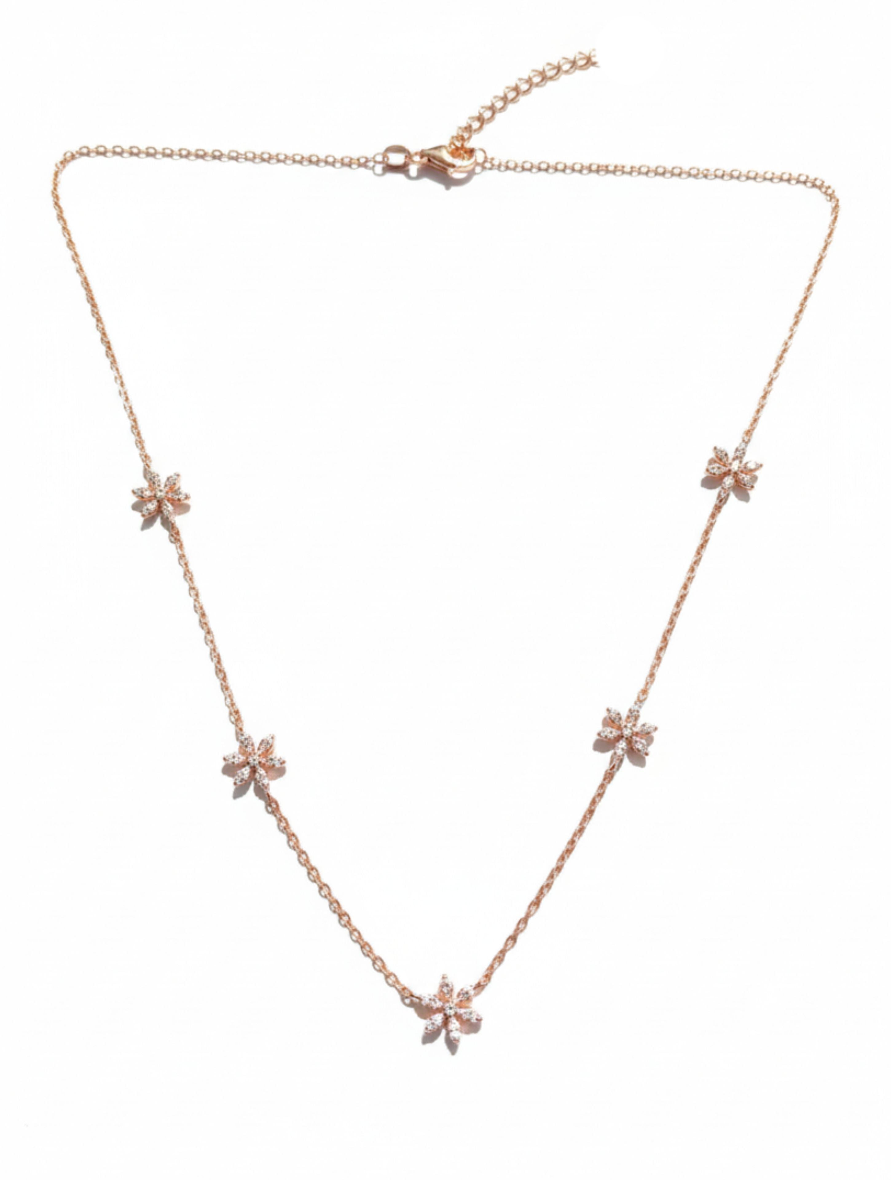 925 Sterling Silver Rose Gold Floral Station Necklace with Sparkling CZ