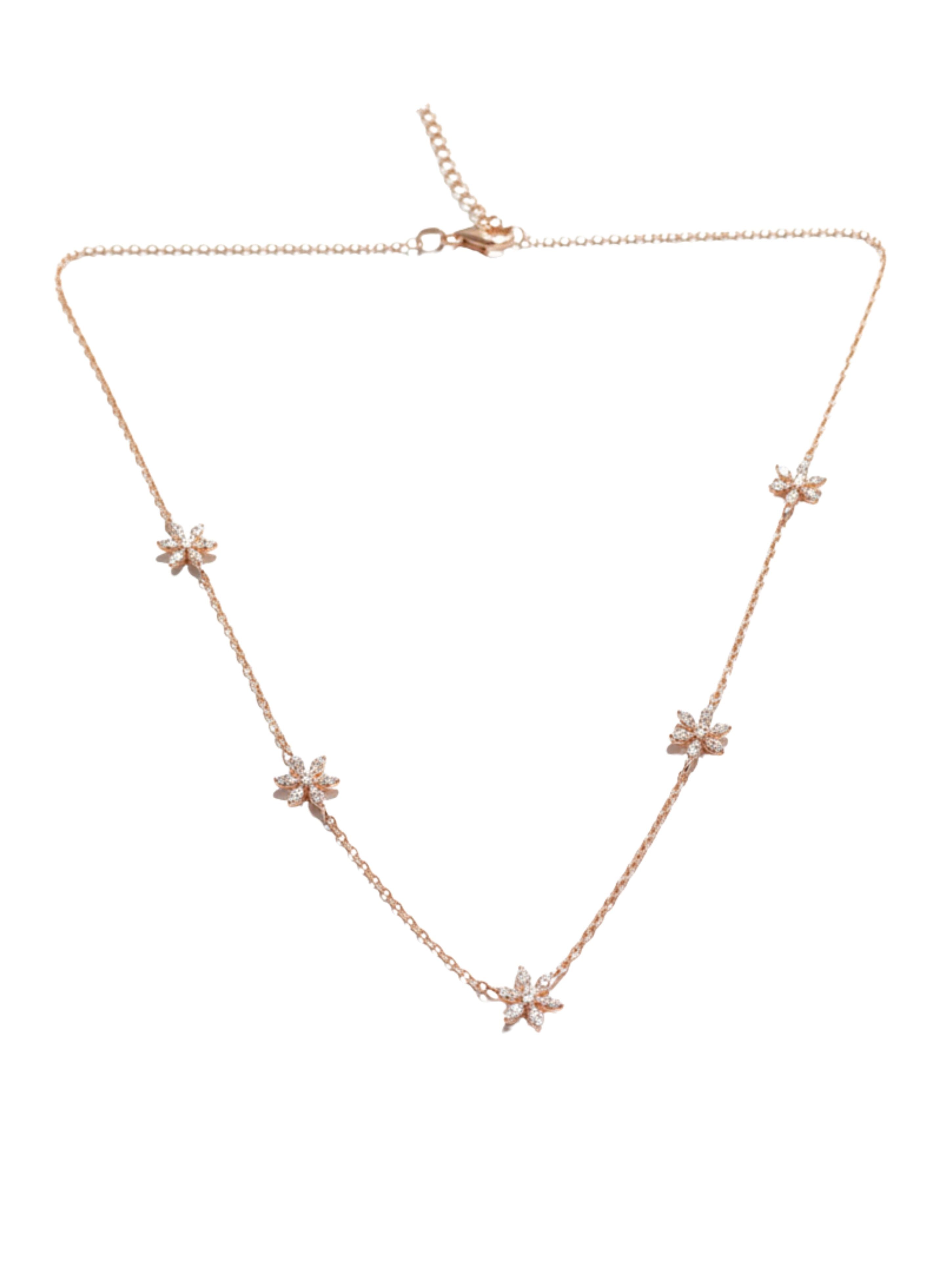 925 Sterling Silver Rose Gold Floral Station Necklace with Sparkling CZ