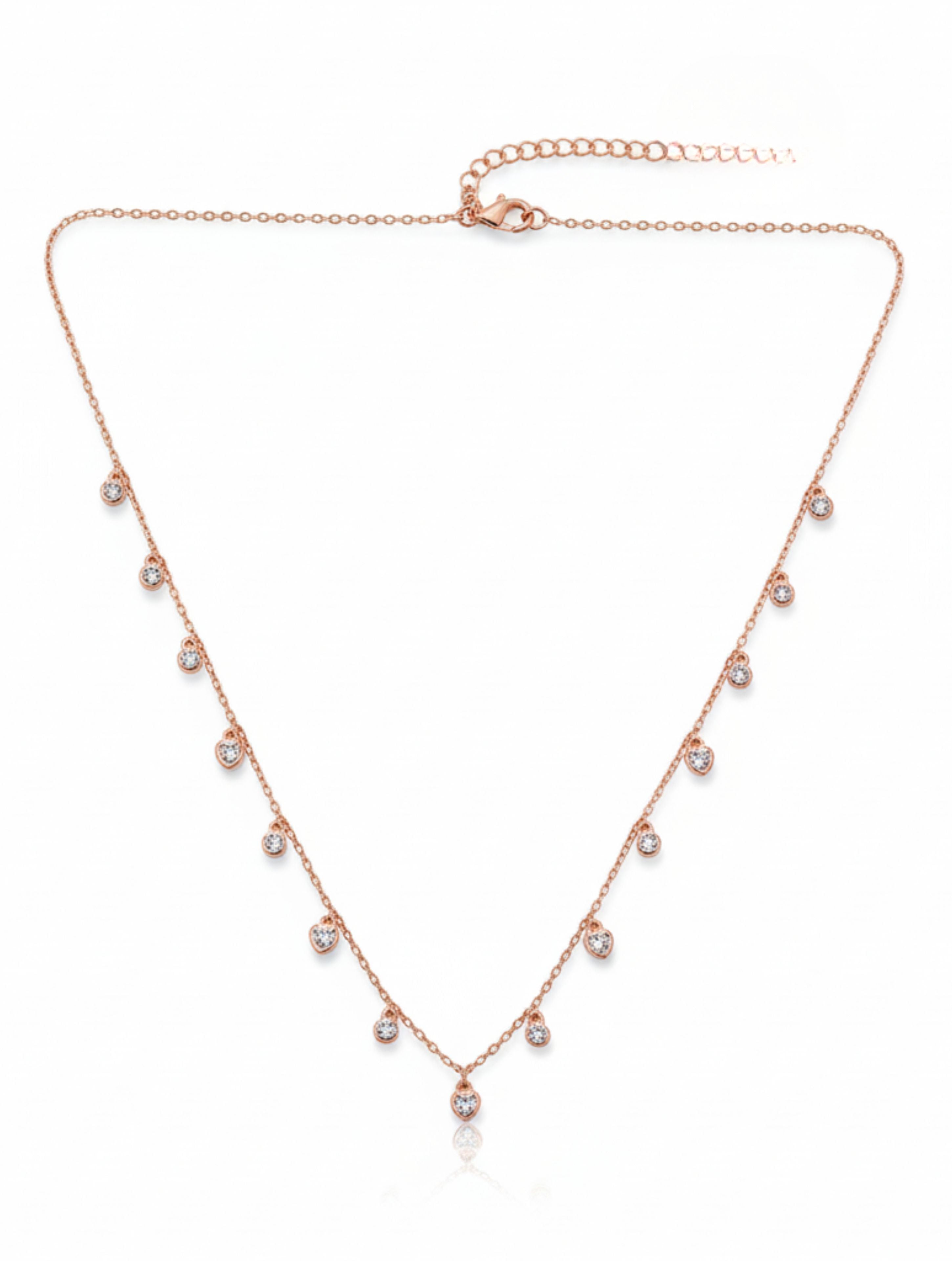 Sparkling Heart & Solitaire Dangle Necklace in Rose Gold over Sterling Silver