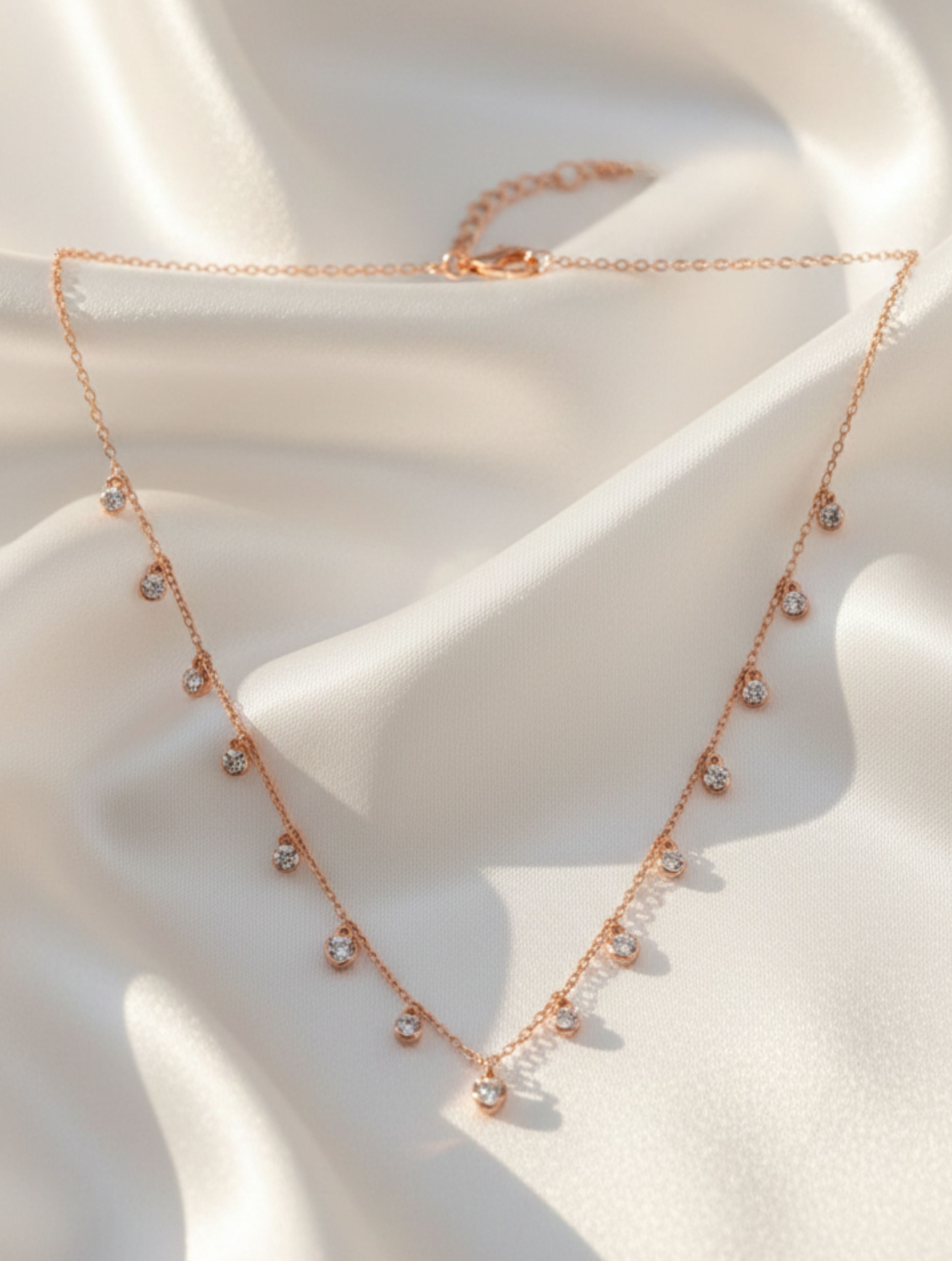 Sparkling Heart & Solitaire Dangle Necklace in Rose Gold over Sterling Silver