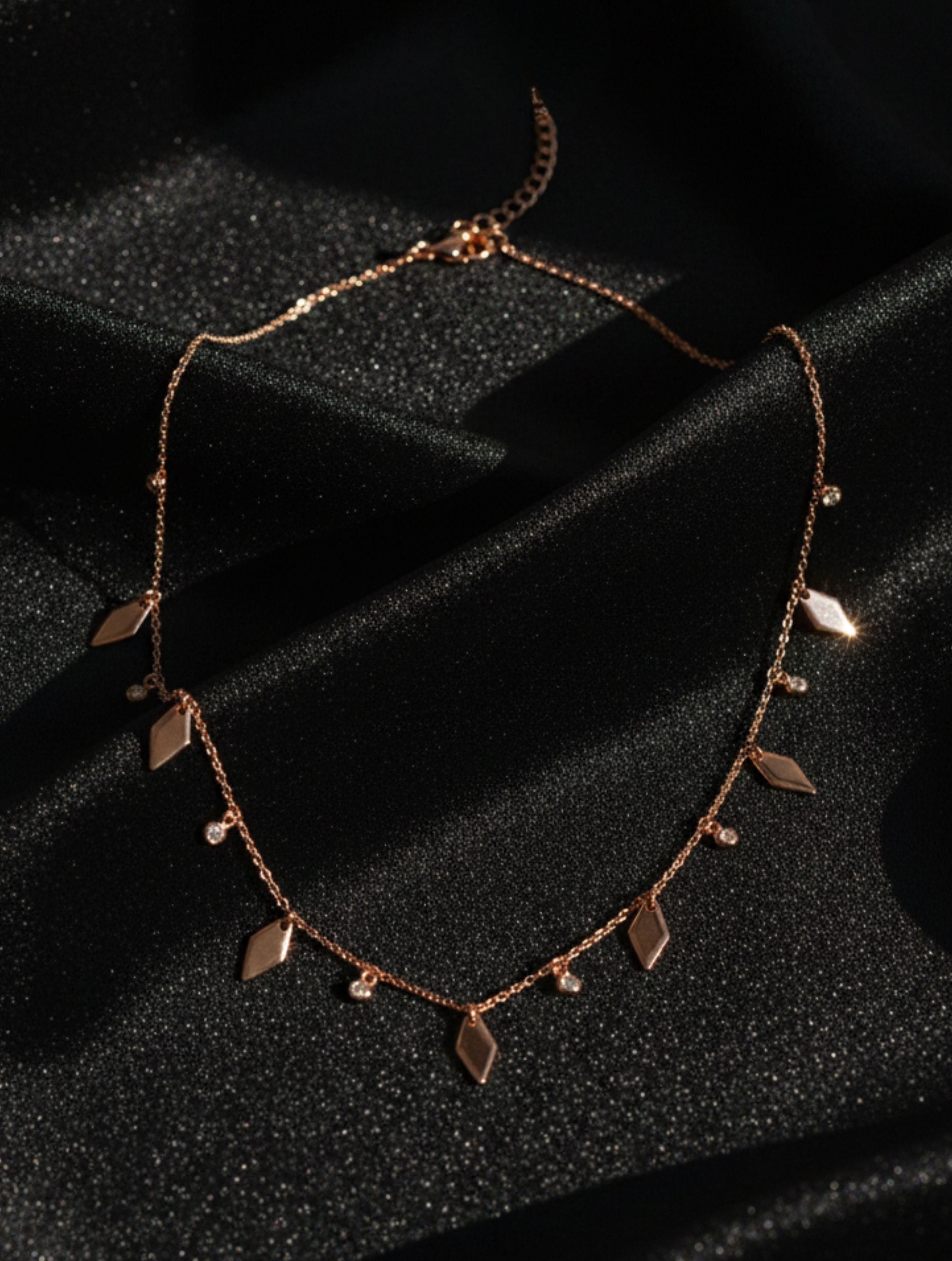 925 Sterling Silver Rose Gold Dangle Necklace – Geometric Rhombus & Cubic Zirconia Charm Drop Necklace