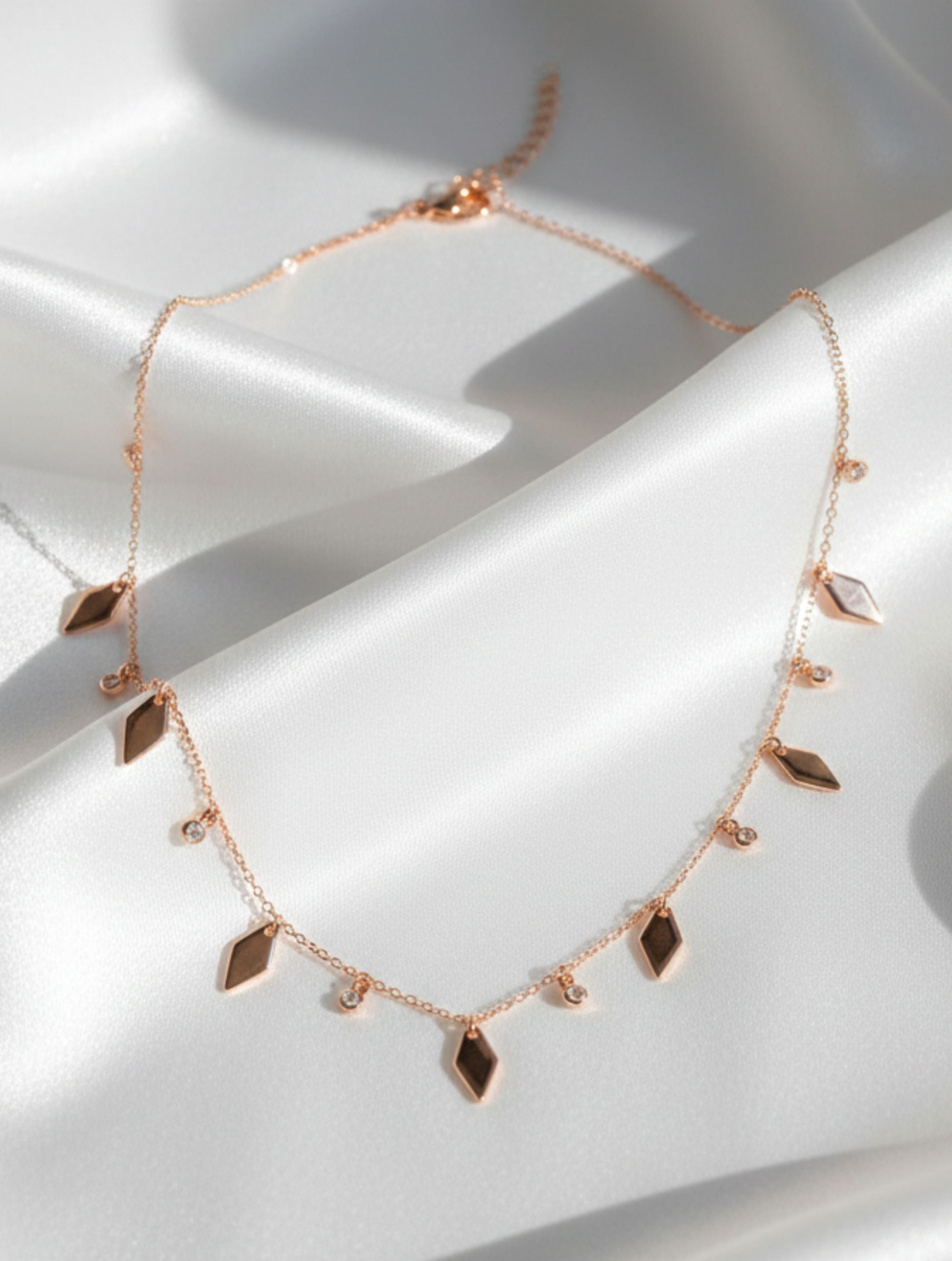 925 Sterling Silver Rose Gold Dangle Necklace – Geometric Rhombus & Cubic Zirconia Charm Drop Necklace