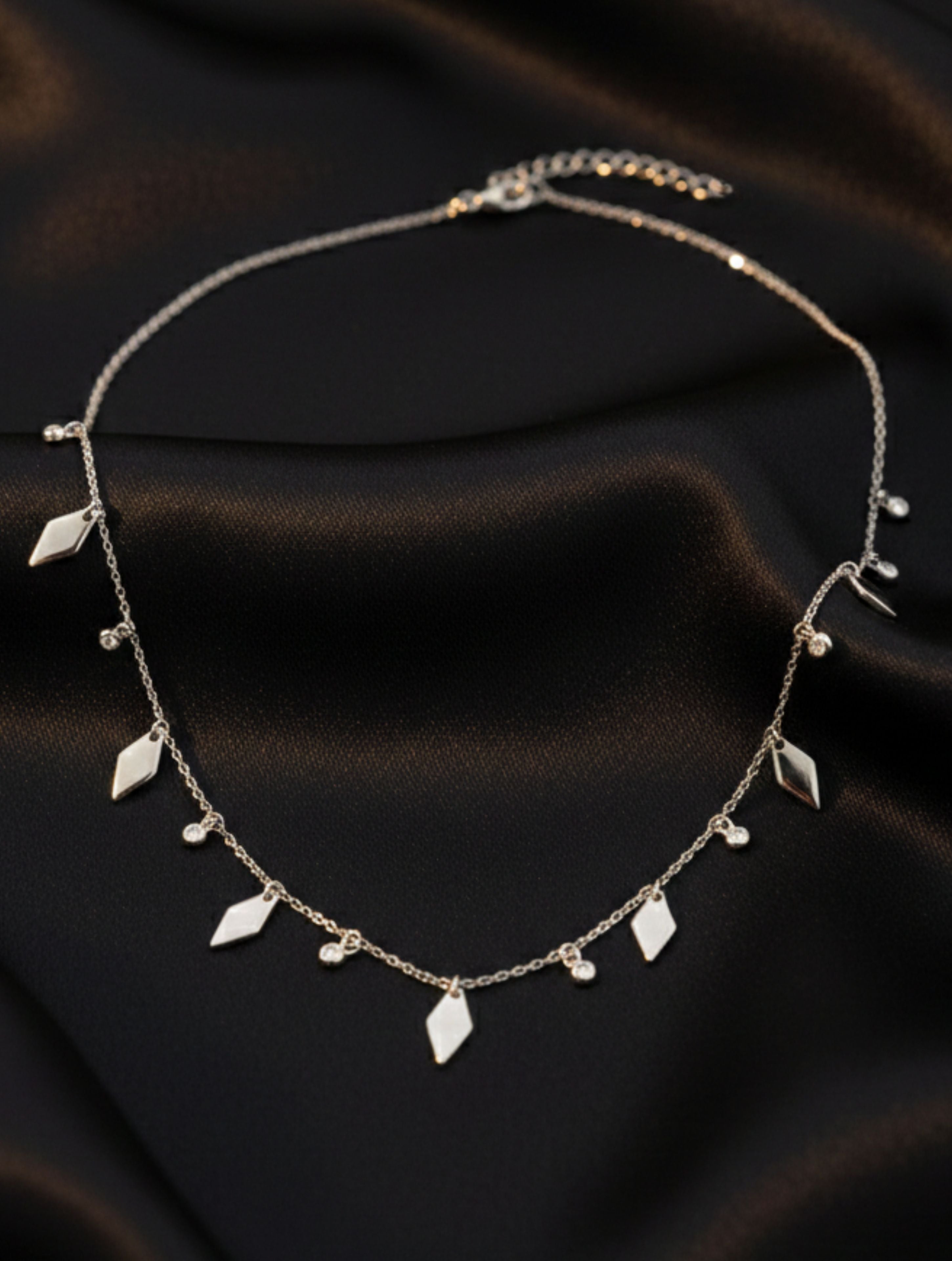 925 Sterling Silver Geometric Rhombus & CZ Station Fringe Necklace