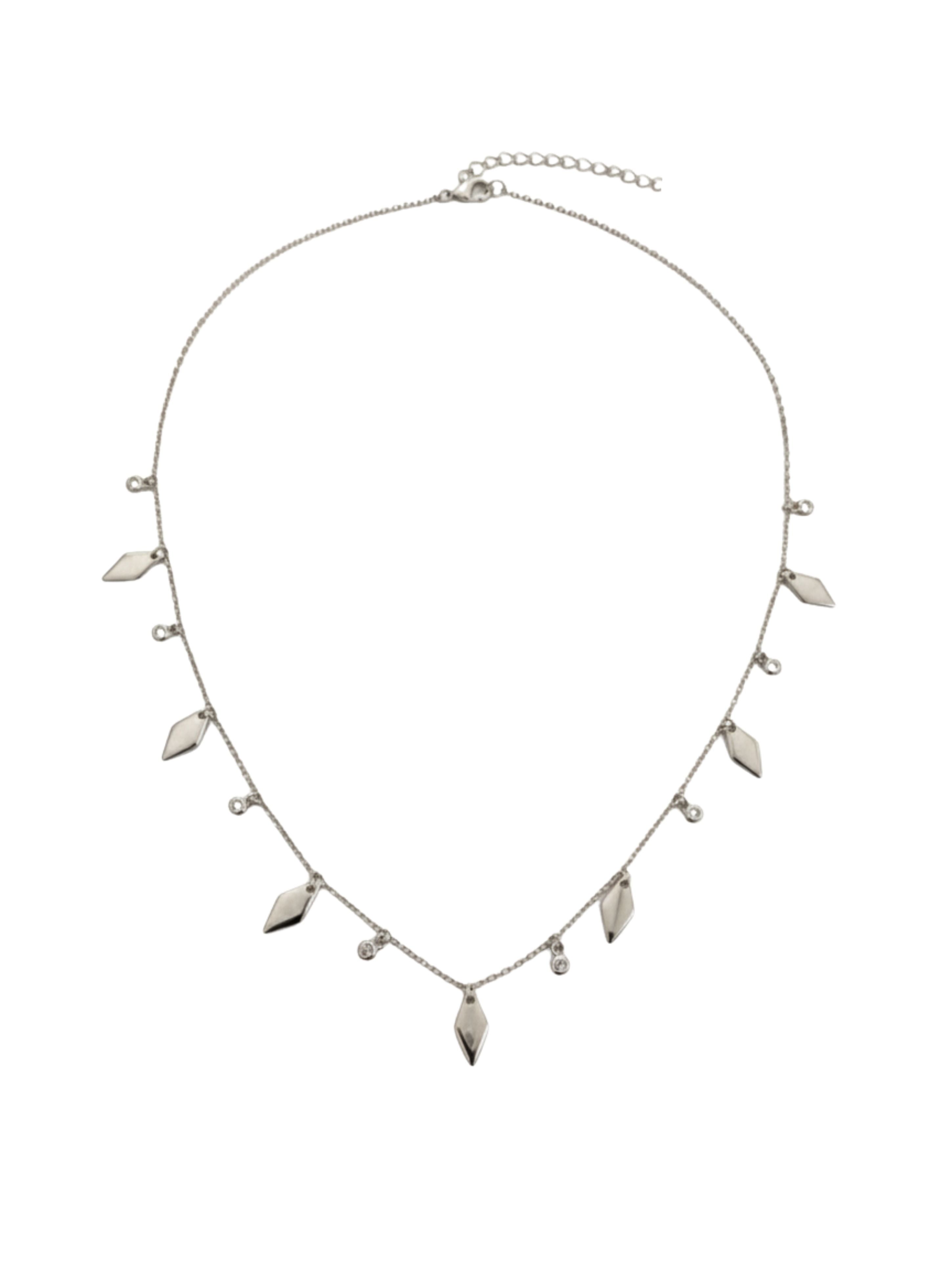 925 Sterling Silver Geometric Rhombus & CZ Station Fringe Necklace