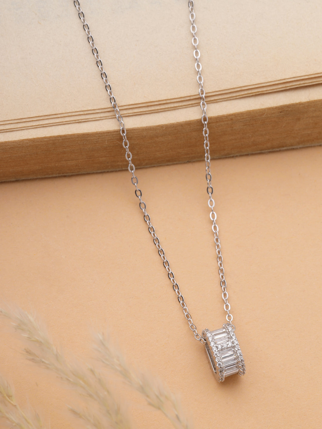 925 Sterling Silver Baguette Barrel Pendant Necklace in Rhodium-Plated