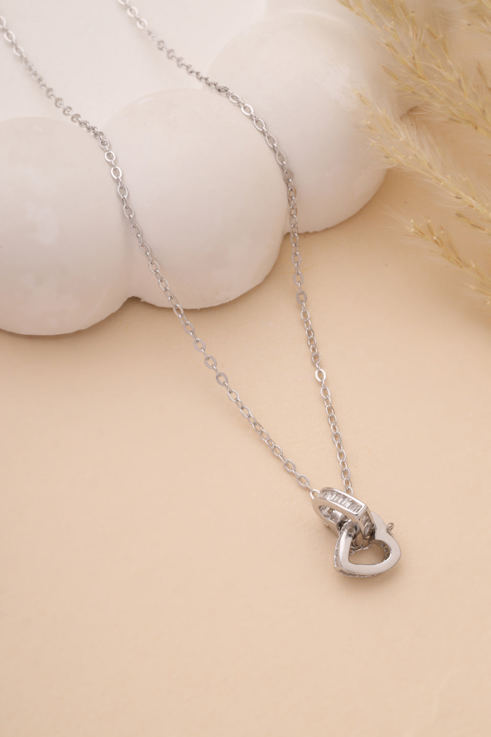 925 Sterling Silver Interlocking Double Heart Pendant Necklace in Rhodium Plating