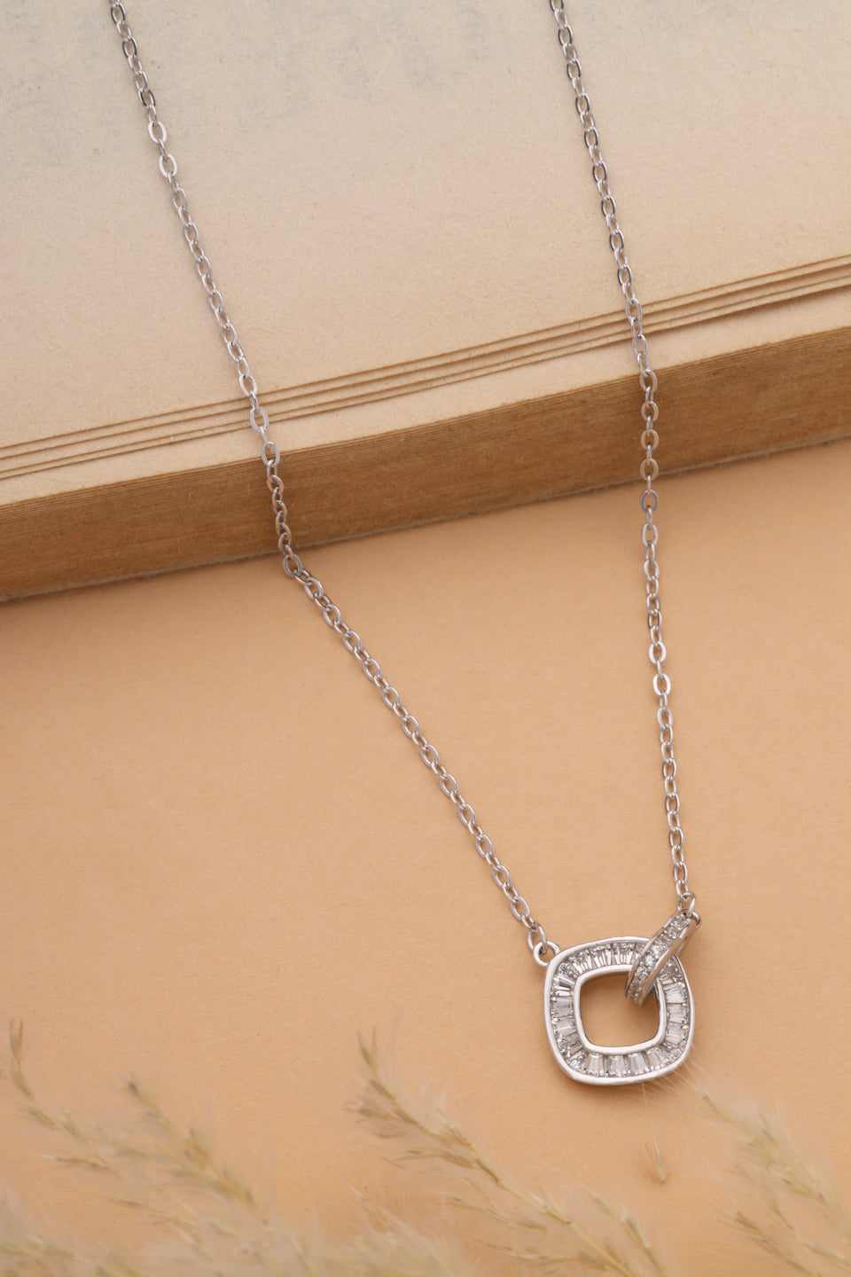 925 Sterling Silver Interlocking Square Pendant Necklace with Rhodium Plating