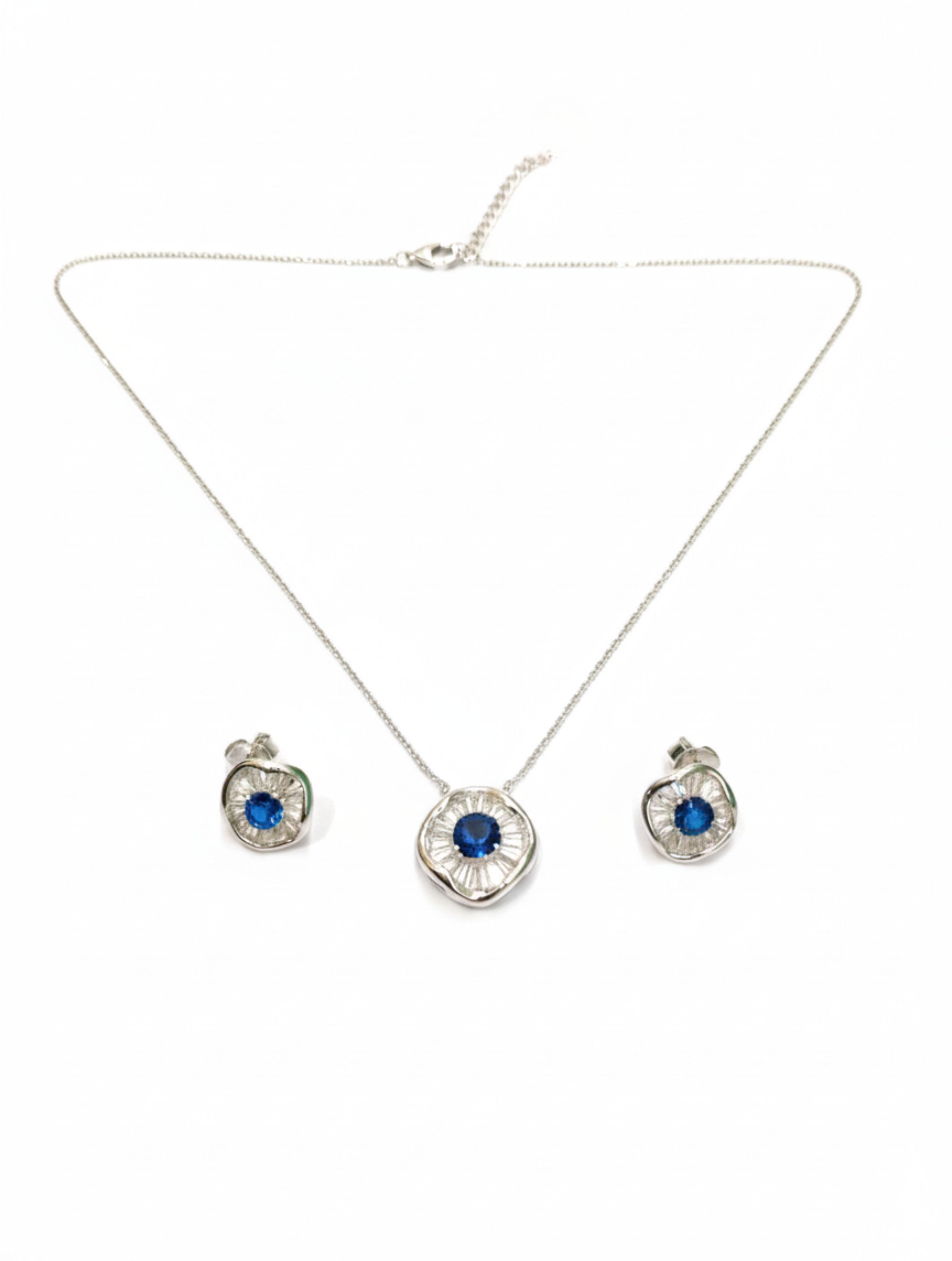 925 Sterling Silver Blue Stone Halo Pendant and Earring