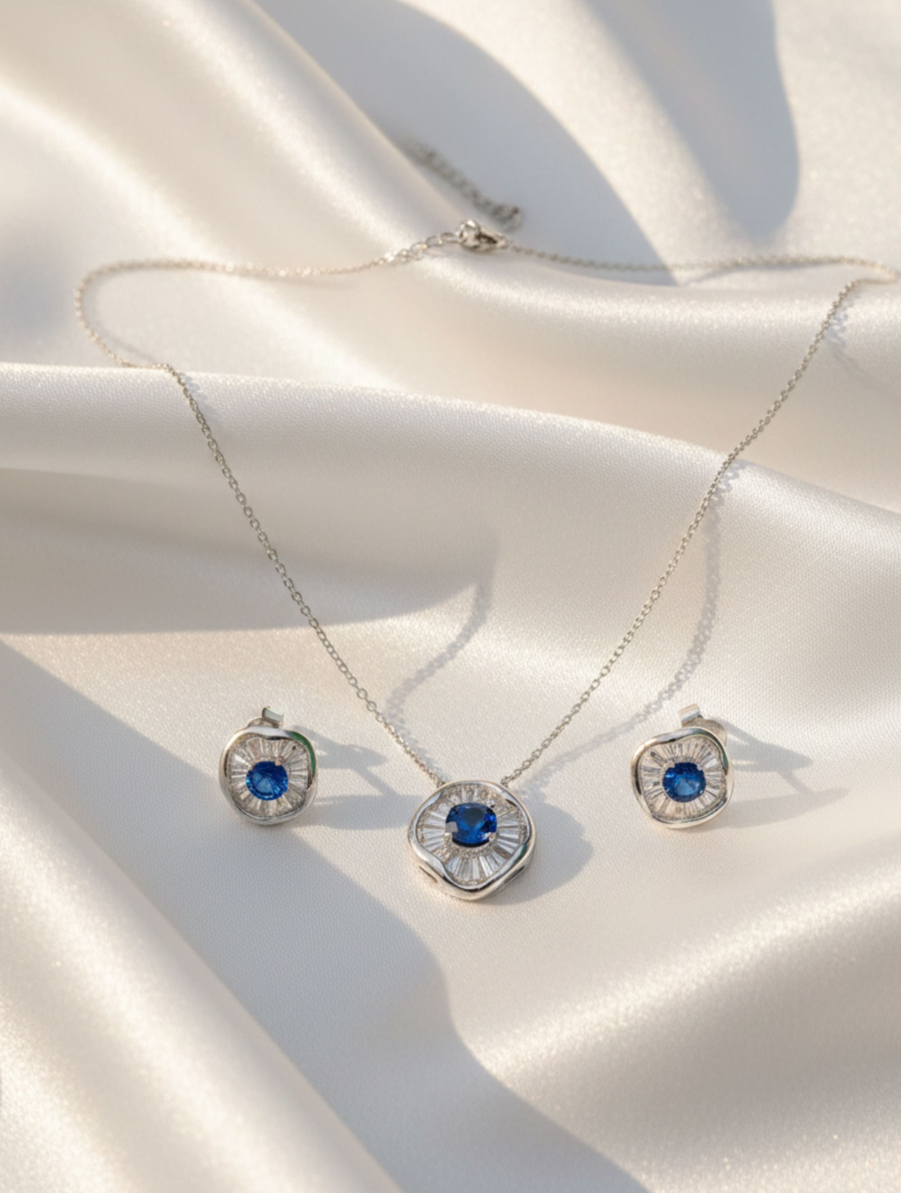 925 Sterling Silver Blue Stone Halo Pendant and Earring