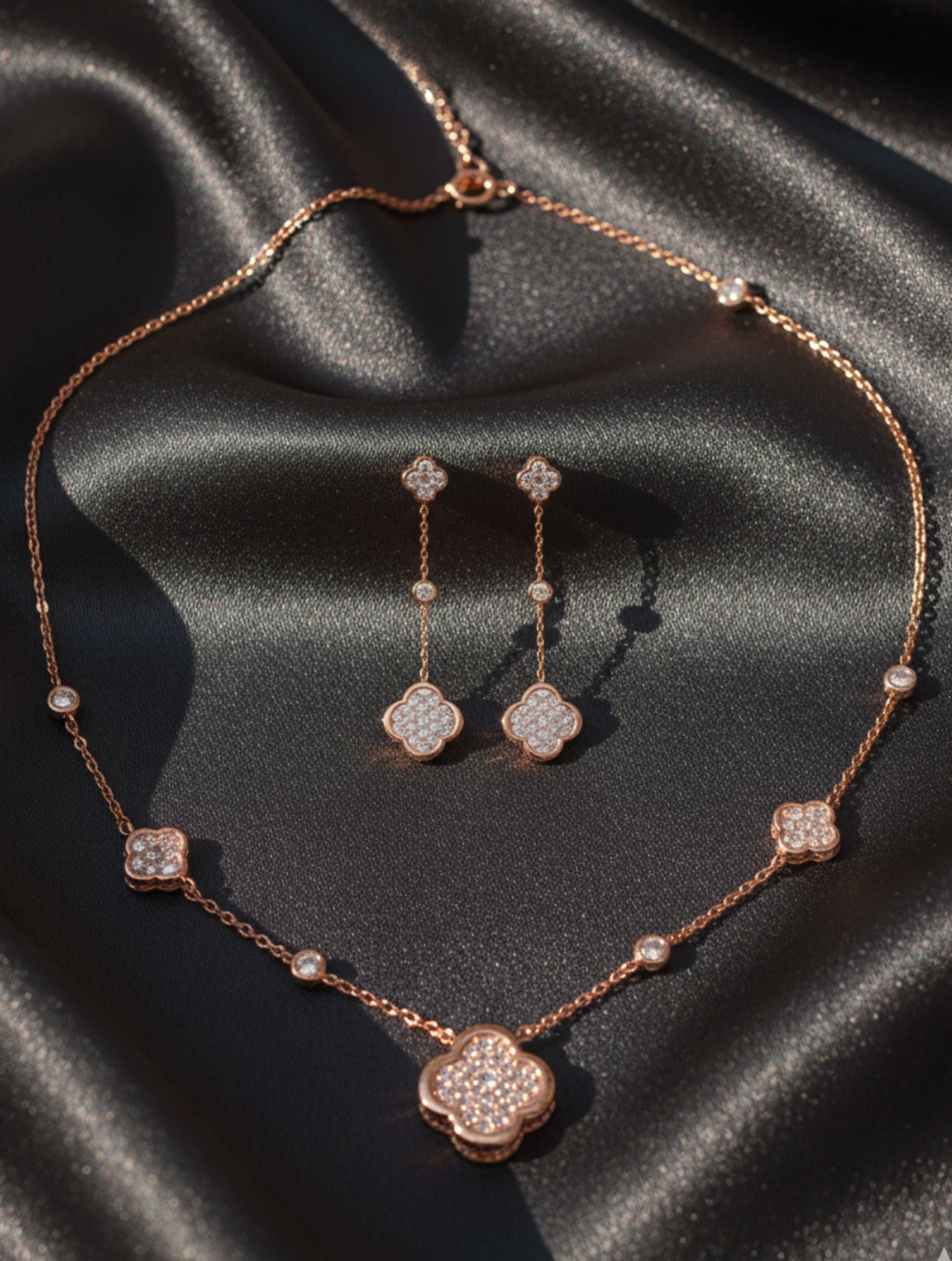 925 Sterling Silver Clover Pavé Necklace & Drop Earring Set in Rose Gold