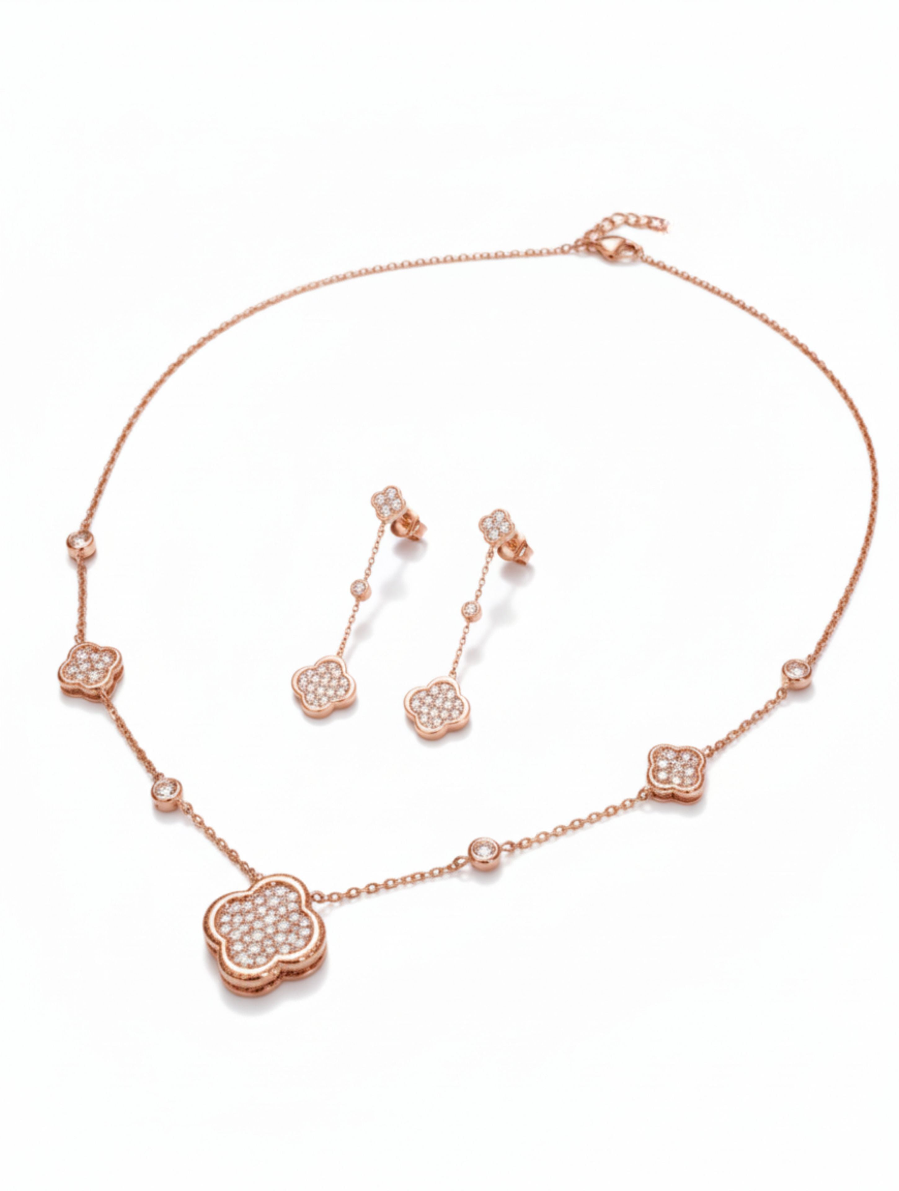 925 Sterling Silver Clover Pavé Necklace & Drop Earring Set in Rose Gold