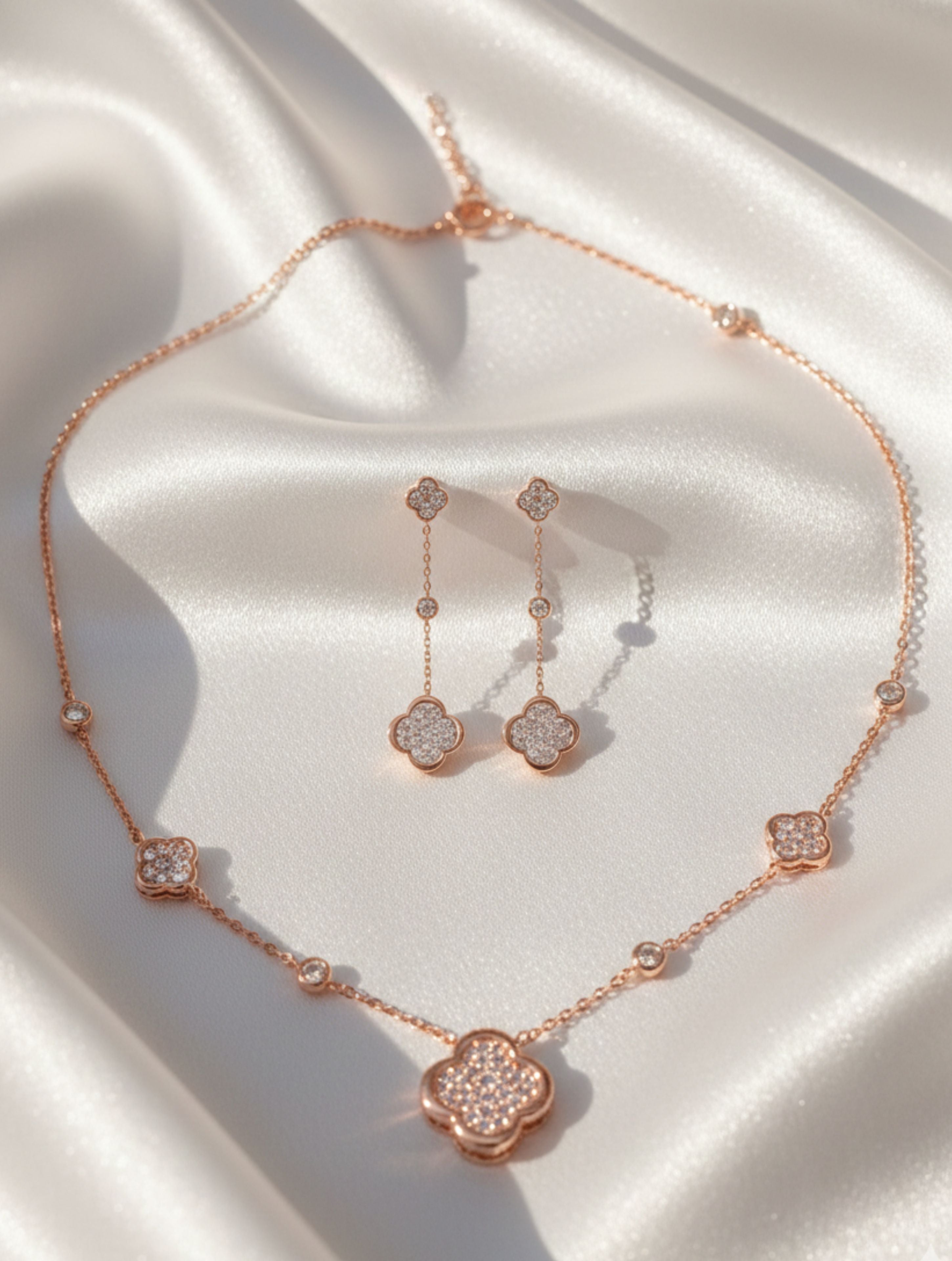 925 Sterling Silver Clover Pavé Necklace & Drop Earring Set in Rose Gold