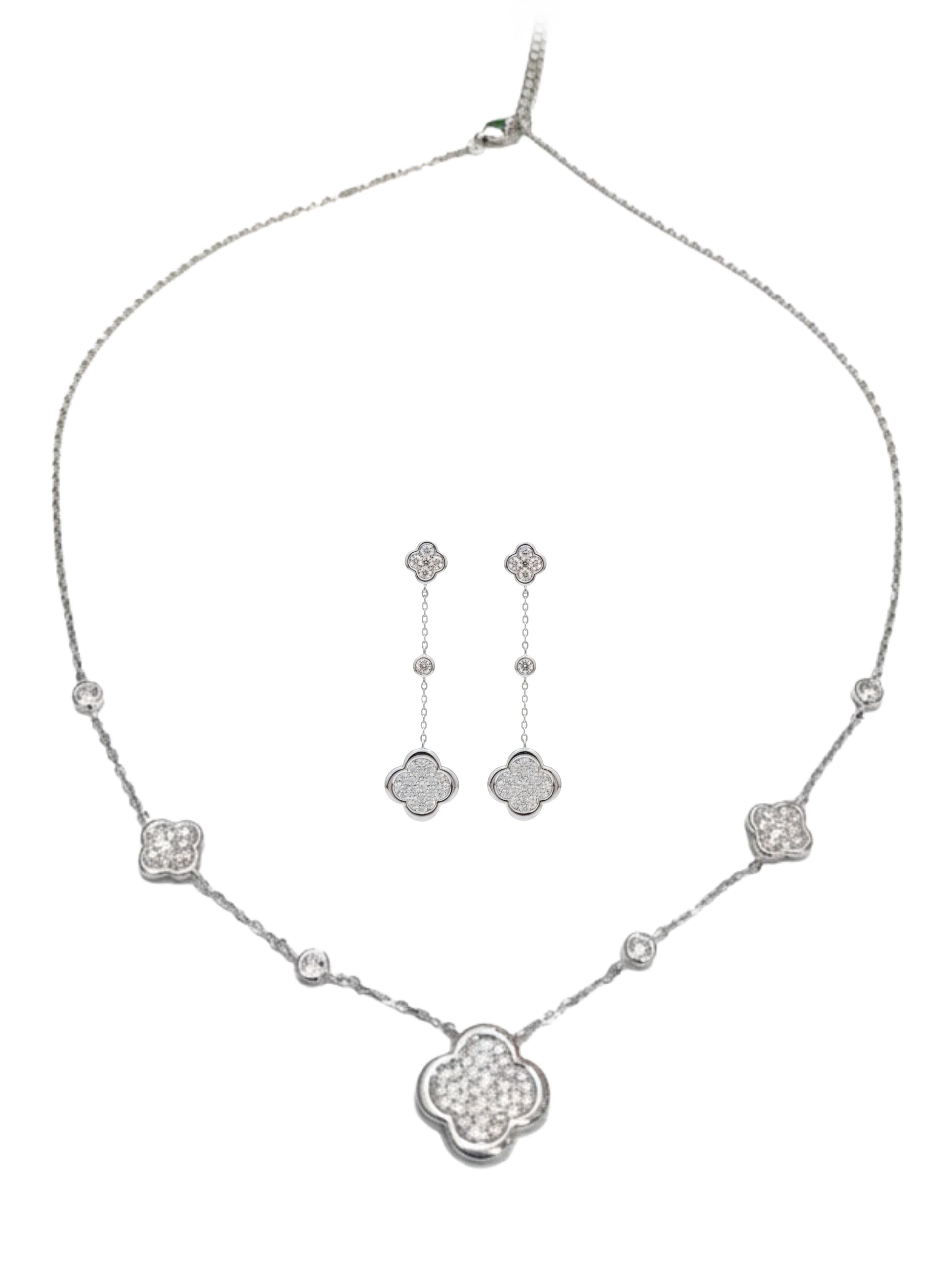 925 Sterling Silver Clover Pendant Necklace & Drop Earring Set