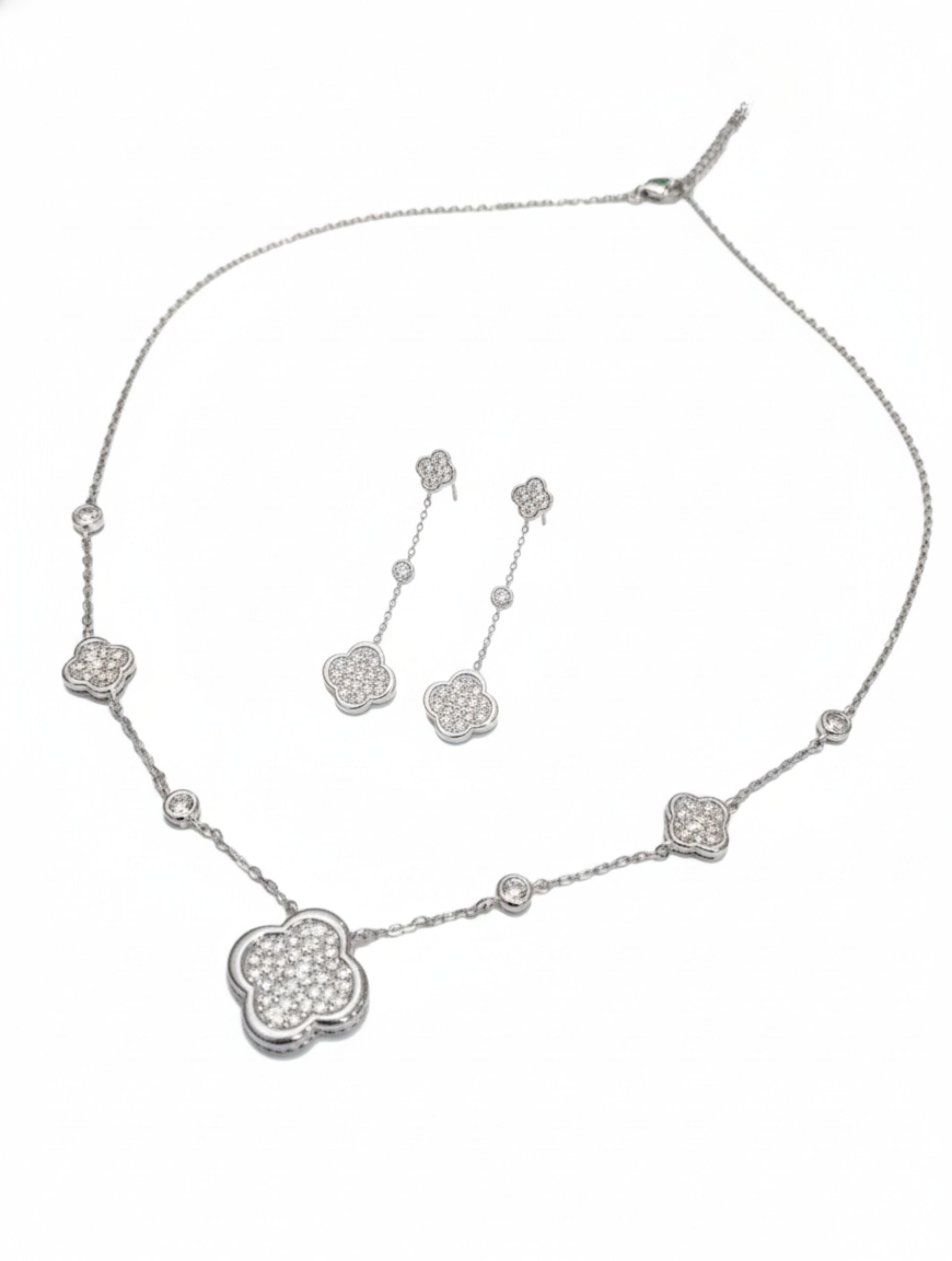 925 Sterling Silver Clover Pendant Necklace & Drop Earring Set