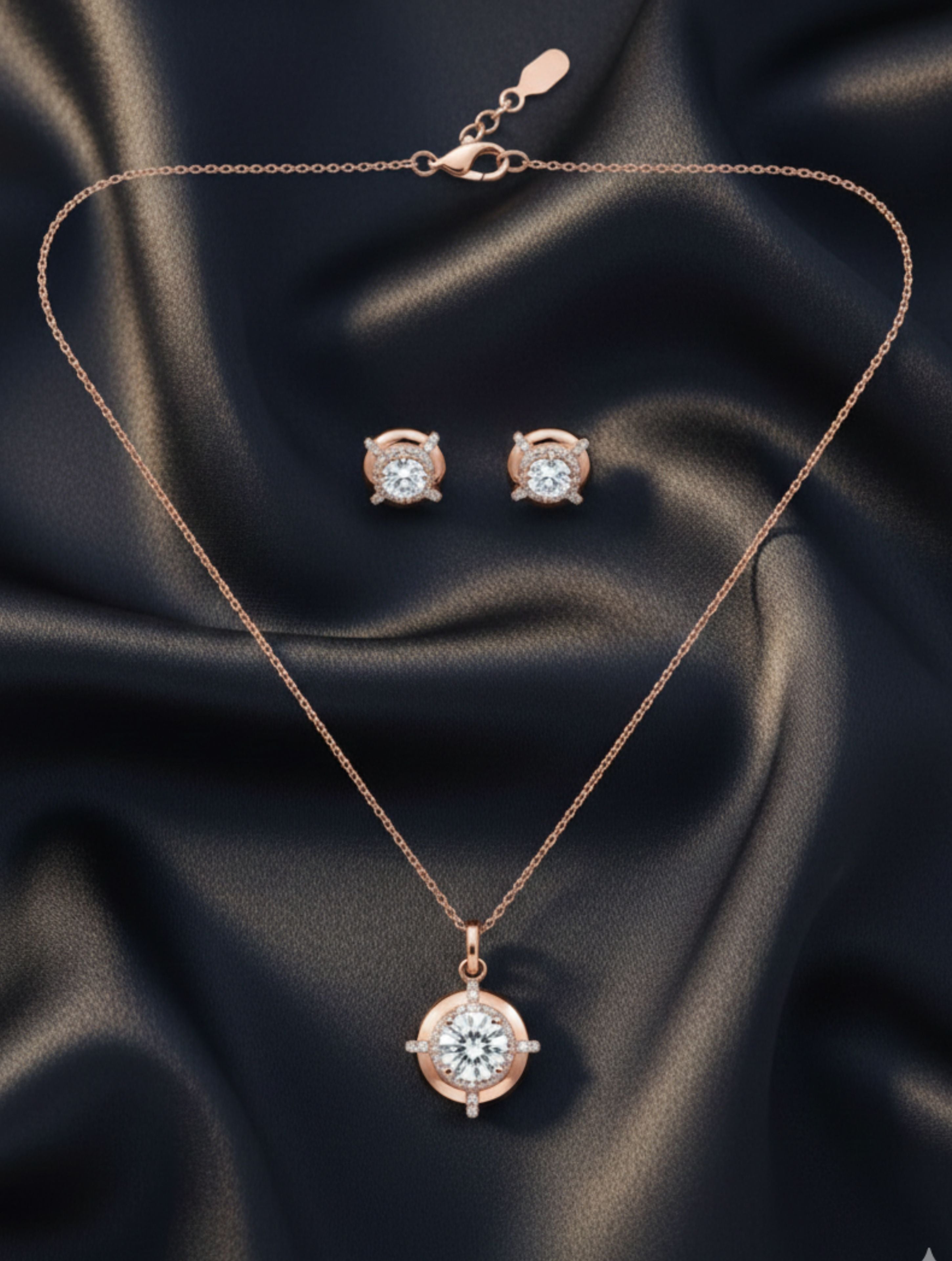 Rose Gold Halo Solitaire Necklace & Stud Earrings Set in 925 Sterling Silver
