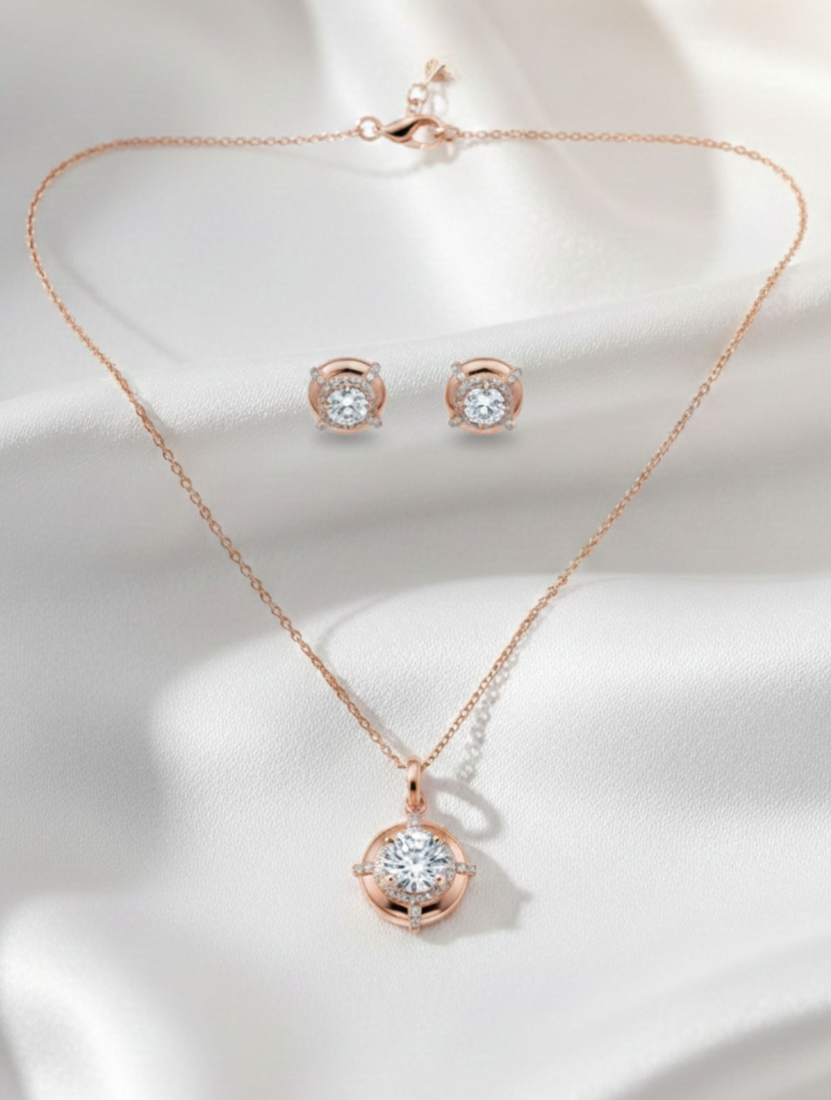 Rose Gold Halo Solitaire Necklace & Stud Earrings Set in 925 Sterling Silver