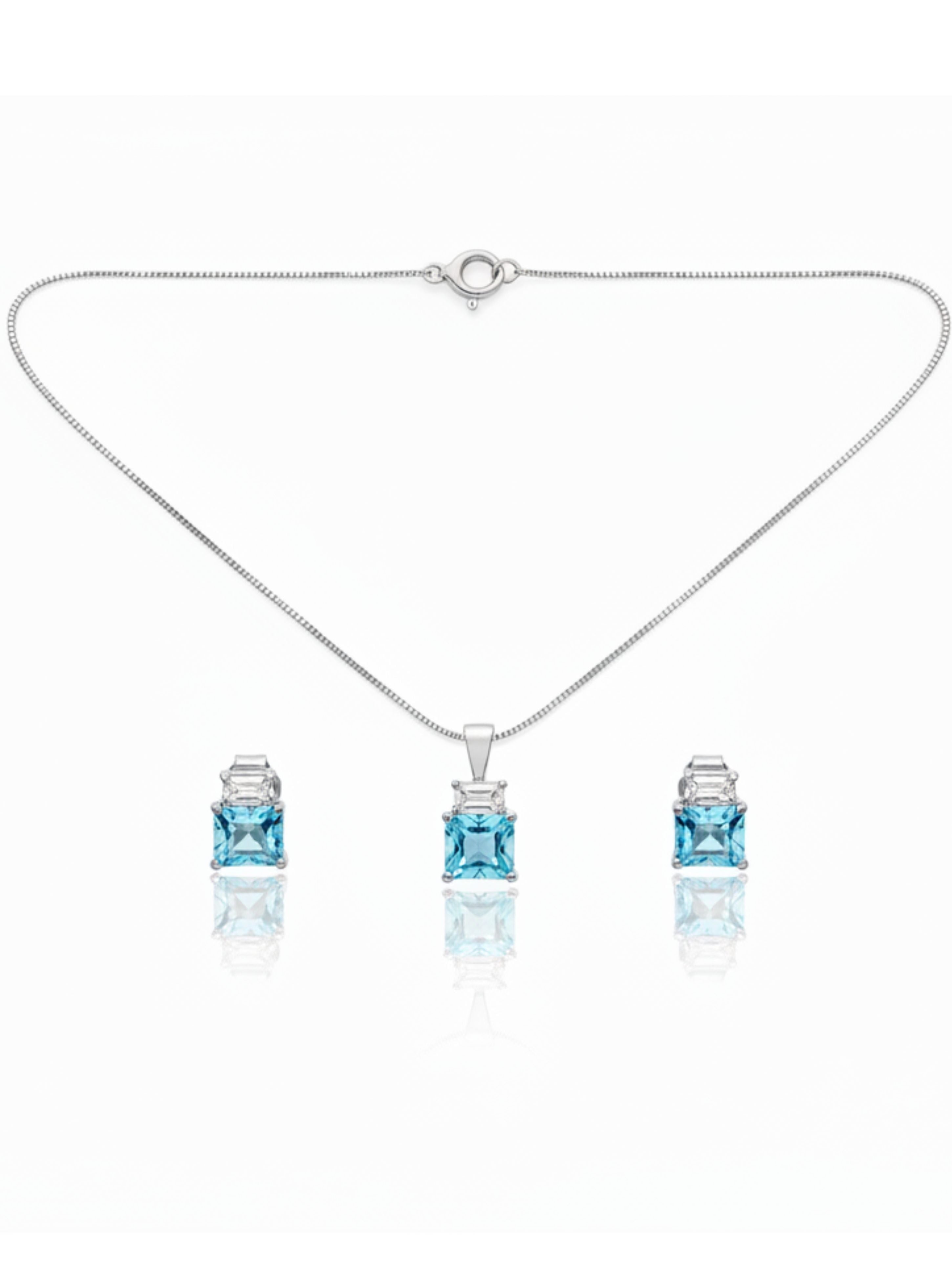 925 Sterling Silver Blue & White Stone Pendant Set Matching Stud Earrings